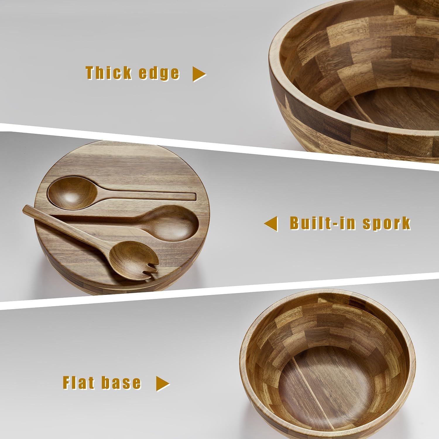 Acacia Wooden Salad Bowl with Lid, Built-in Acacia Wood Utensils, 10.5" Large Wood Serving Bowls for Fruits, Salad, and Vegetables, Big Wood Salad Bowls Set 4-Piece, All-in-One Design - Image 3