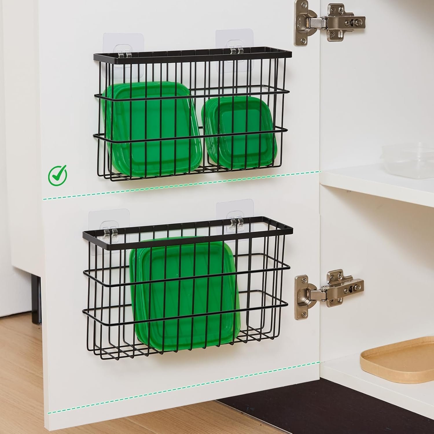 Sinnsally 2 Pack Cabinet Door Organizer,Self Adhesive Lid Organizers Inside Cabinet Storage Boxes,Hanging Storage Basket Organizer Wall Mounted Pantry Caddy Cup Holder for Kitchen,Fridge,Bathroom - Image 3
