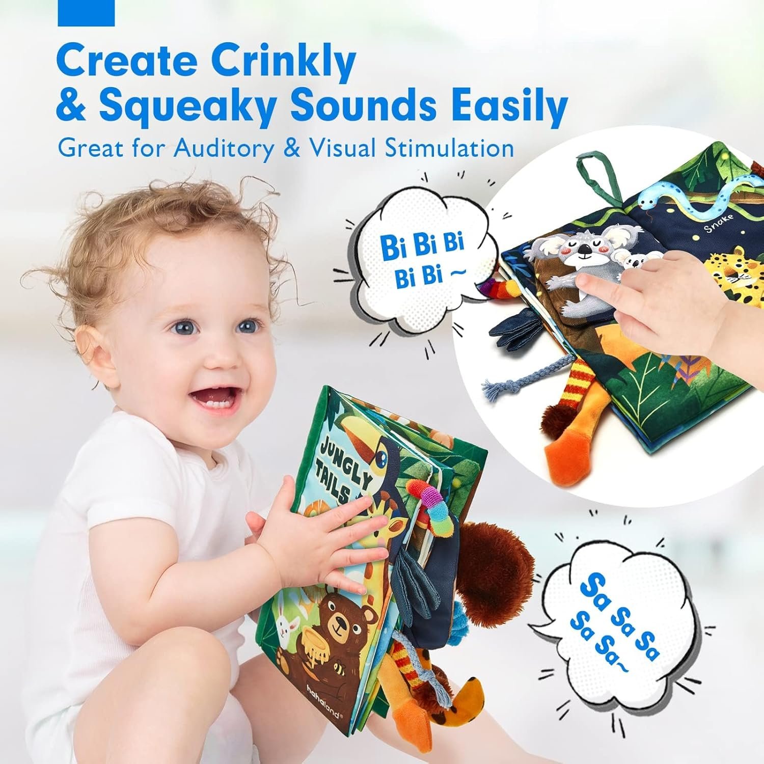 hahaland Baby Book Toy 0 3 6 12 Months - Touch and Feel First Crinkle Cloth Soft Book for Babies 0 Months, Baby Boy Girl Gifts for Newborn Infant - Jungly Tails Theme - Image 6