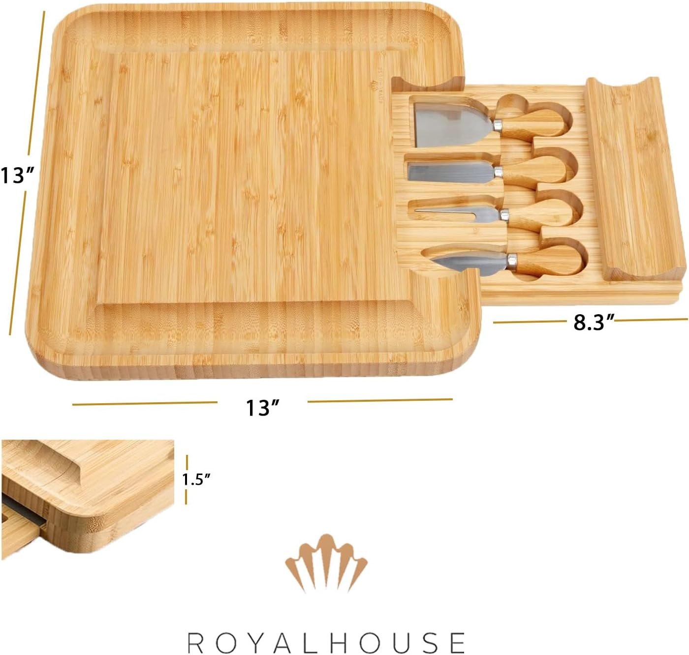RoyalHouse Bamboo Cheese Board and Knife Set with Slide-Out Cutlery Drawer - Charcuterie Boards Set & Cheese Platter - Birthday Gifts for Women, Wedding Gifts for Couples 2025, Bridal Shower Gifts - Image 4