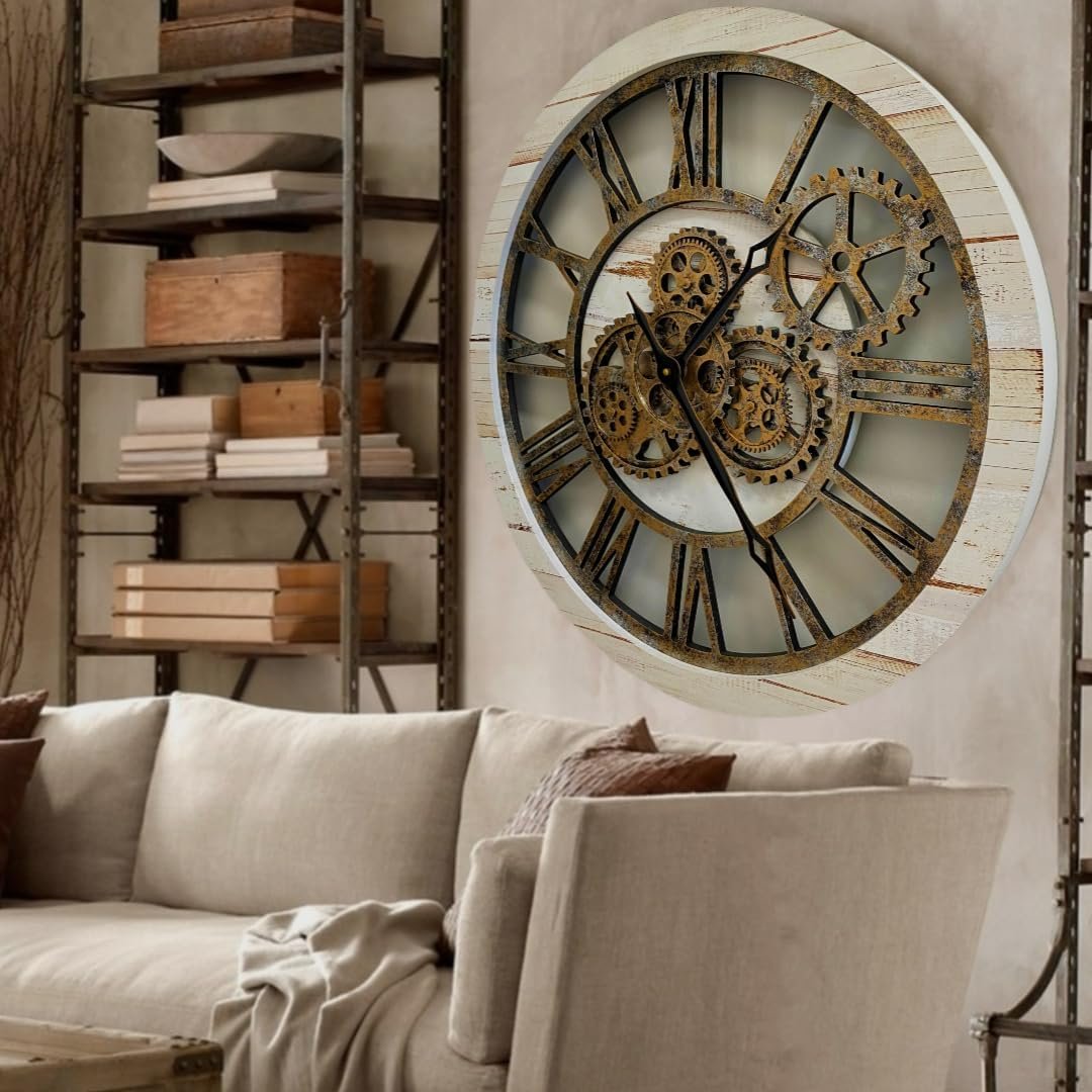 The Gears Clock The Original Real Moving Gear Wall Clock Vintage Industrial Oversized Rustic Farmhouse (24 inch (60cm), Vintage Desert Beige and Bronze) - Image 2