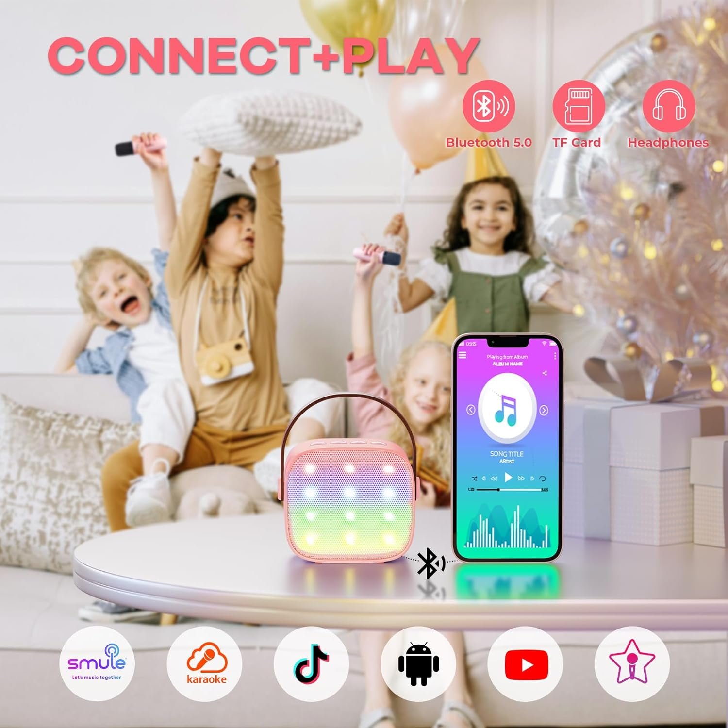 YLL Mini Karaoke Machine for Kids Adults, Bluetooth Speaker with 2 Wireless Microphones, TOP Christmas Birthday Gifts Toys for Girls Ages 3, 4, 5, 6, 7, 8, 9,10,11,12+ Years Old Toddler(Pinkcolor) - Image 6