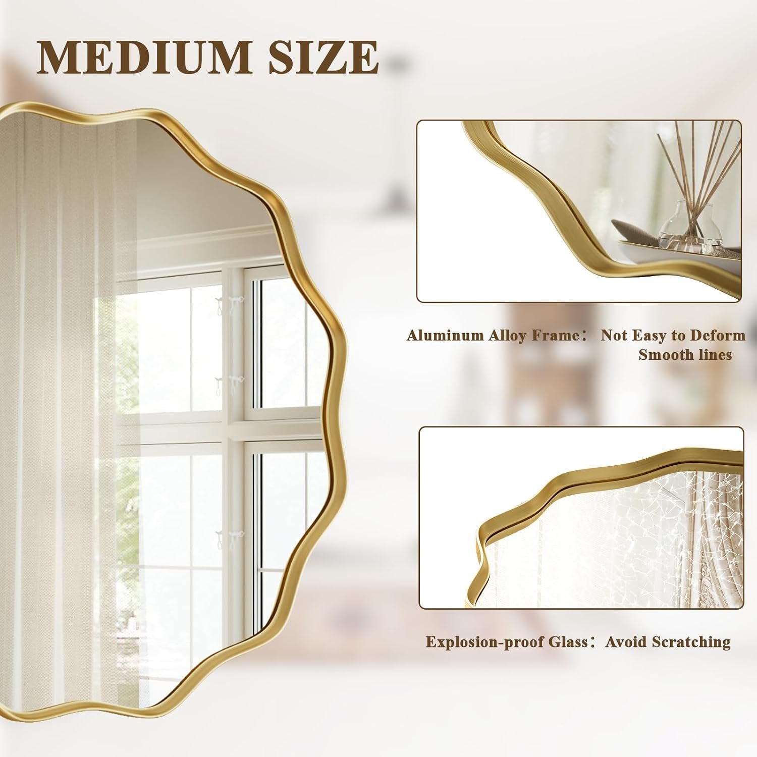 VooBang Gold Scalloped Circle Mirror, 24" Wavy Edge Round Wall Mirror with Tempered Glass Textured Circular Metal Deep Frame, Hanging Leaning for Bathroom, Hallway, Entryway, Livng Room - Image 4