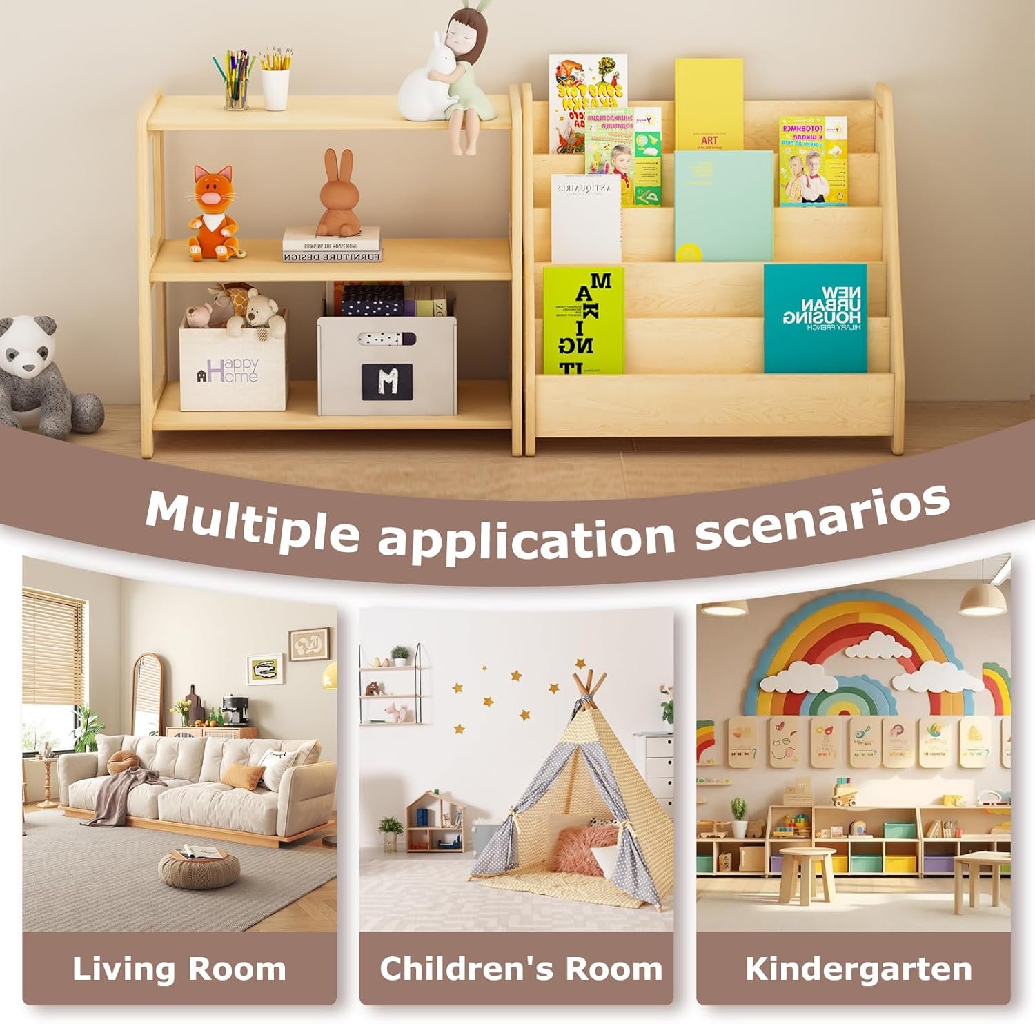 Montessori Storage Organizer 2 Piece Set Montessori Bookshelf and Storage, Wooden Montessori Shelf Kids Shelf and Book Display Rack for Nursery Playroom Classroom Shelves - Image 7
