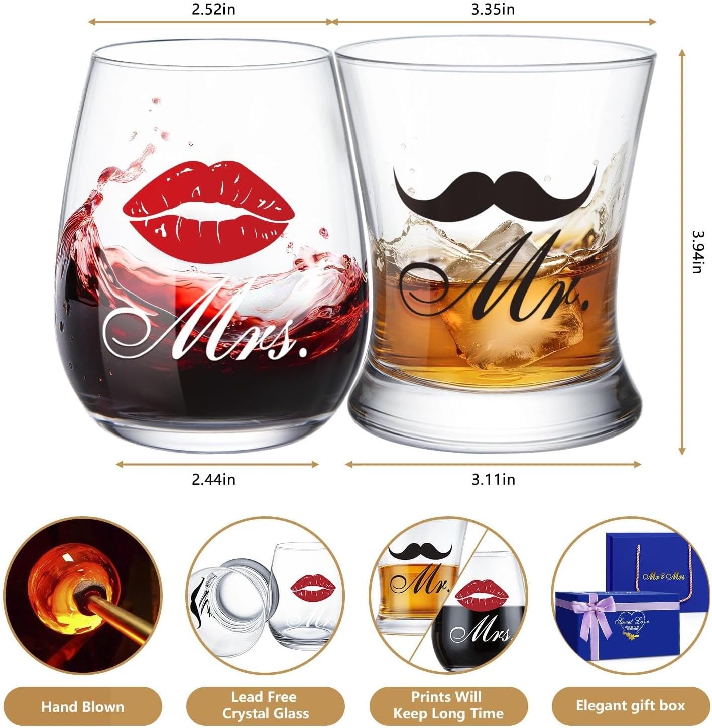LIGHTEN LIFE Wedding Engagement Gifts for Couples,Bridal Shower Gift for Bride and Groom Newlyweds,Anniversary Mr and Mrs Whiskey Wine Glasses Set with Appron - Image 4