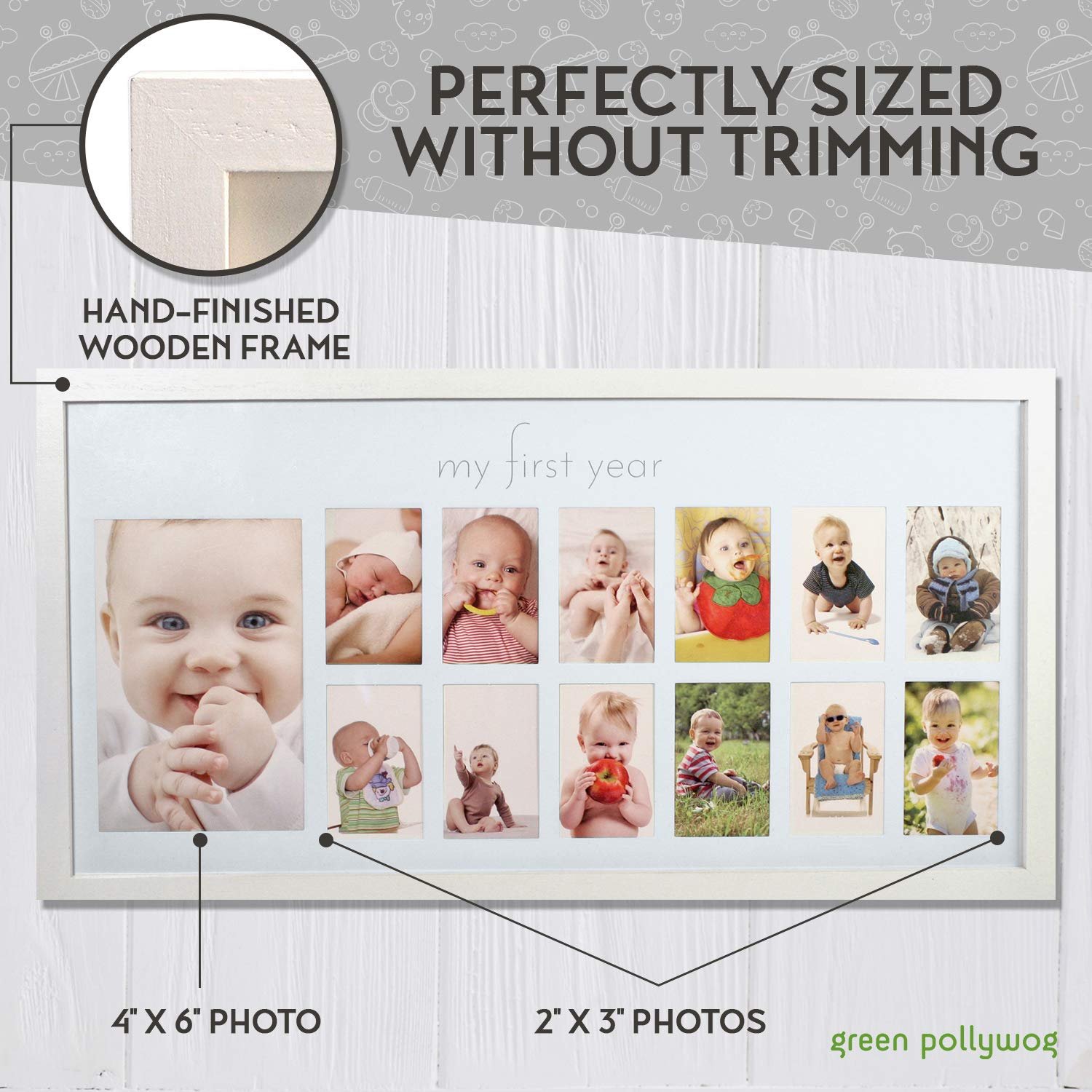 Green Pollywog | Baby's First Year Frame | Collage Frame For Baby In White | 12 Month Picture Frame | Milestone Photos | First Year Picture Mat | My First Year Photographs - Image 5