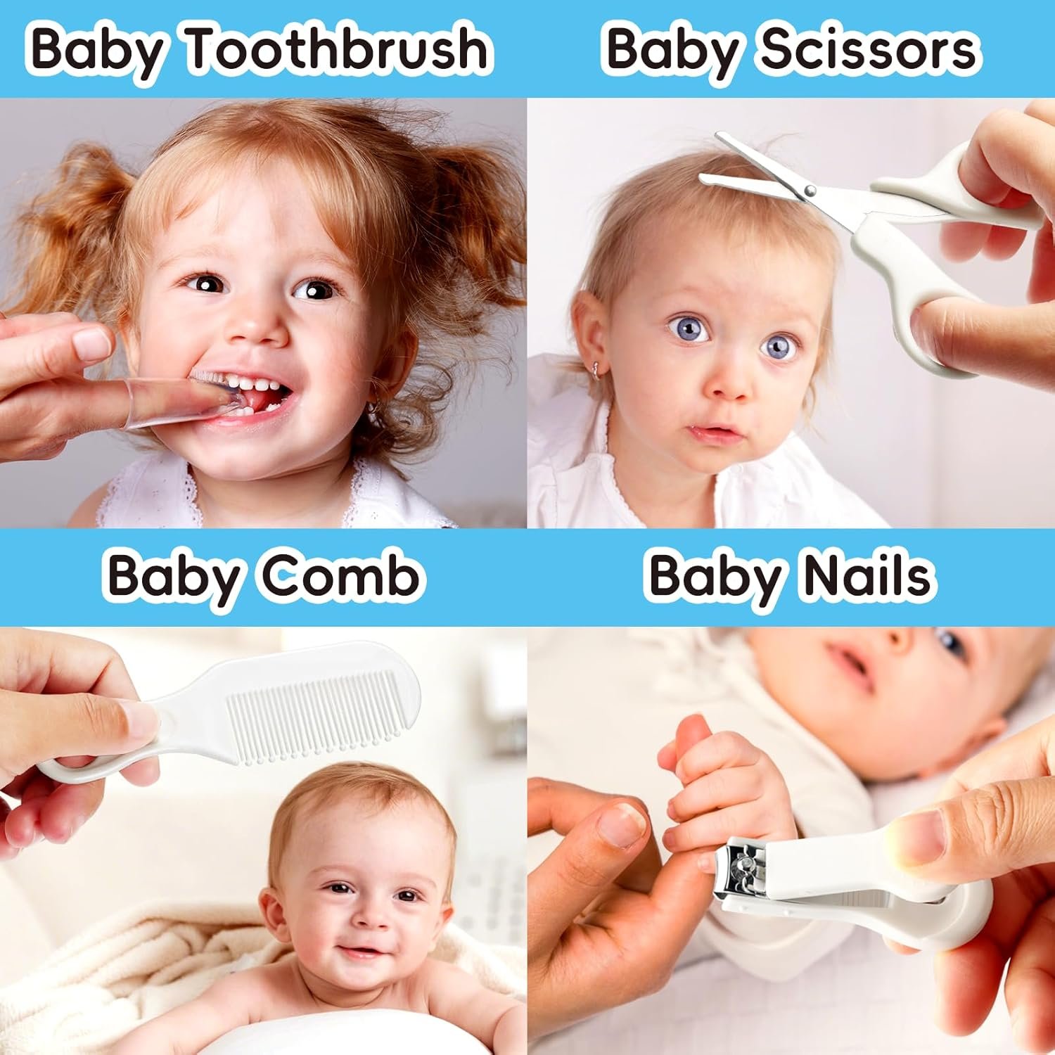Baby Grooming Kit - Nursery Essentials Baby Registry Shower Gift for Newborns, Infants, Toddlers, Boys, Girls Kids-Safety Baby Comb, Brush, Finger Toothbrush, Nail Clippers, Scissors (Grey White 12 in 1) - Image 2