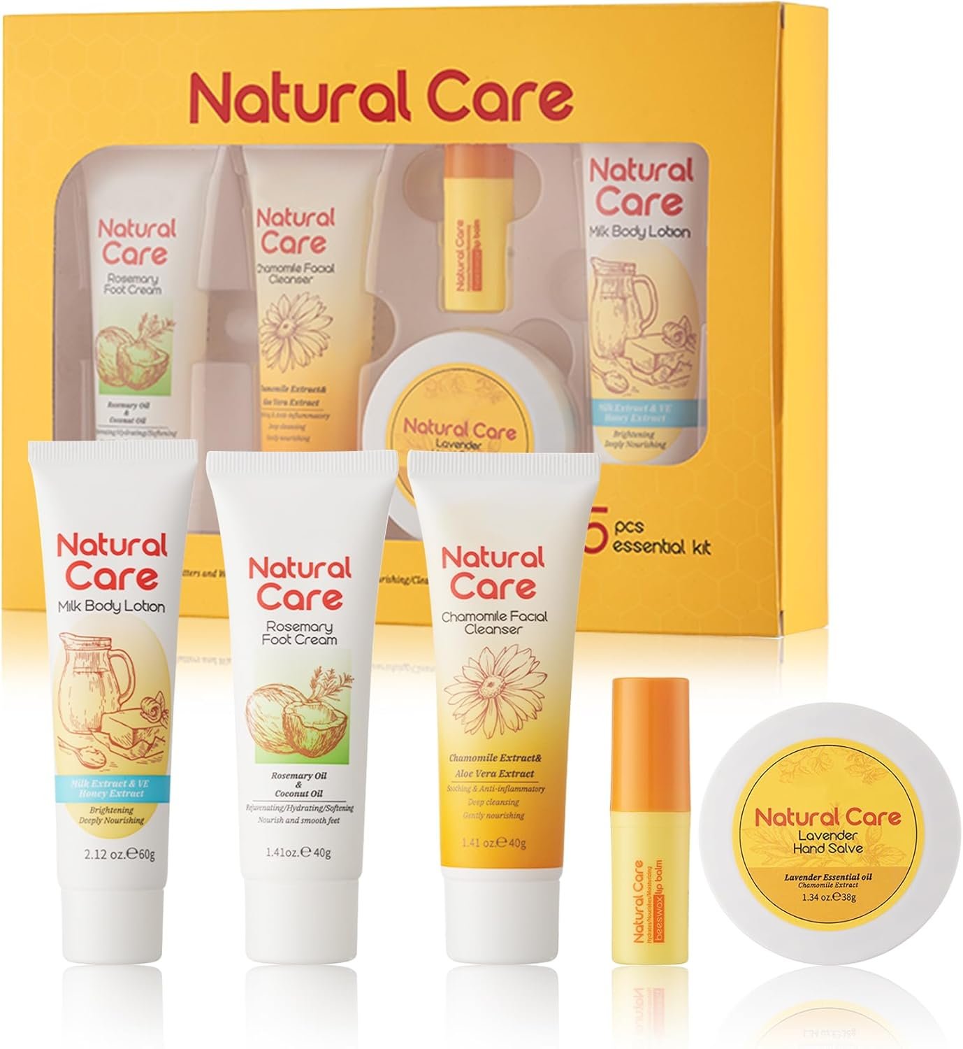 Skin Care Set-5pcs Hydrating Essentials Skincare Kit with Facial Cleanser,Small Body Lotion,Foot Cream,Mini Hand Cream,Lip Balm,Moisturizing Travel Size Skin Care Products Set,Women's Mother's Day Skin Care Gift Kit for Women Girl