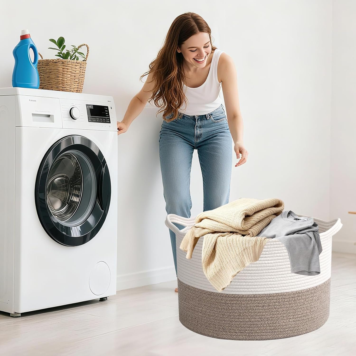 Large Woven Blanket Basket,65L Cotton Rope Laundry Basket Hamper with Handles, Decorative Nursery Basket Storage Bin for Toys, Clothes Organizer, Living Room, Bedroom, Bathroom, White & Brown - Image 4