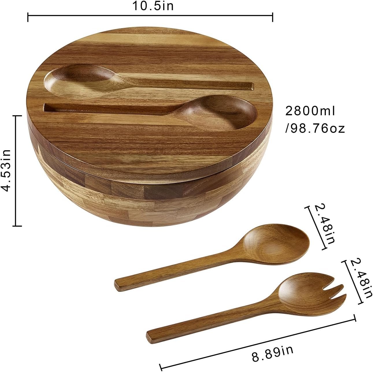 Acacia Wooden Salad Bowl with Lid, Built-in Acacia Wood Utensils, 10.5" Large Wood Serving Bowls for Fruits, Salad, and Vegetables, Big Wood Salad Bowls Set 4-Piece, All-in-One Design - Image 4