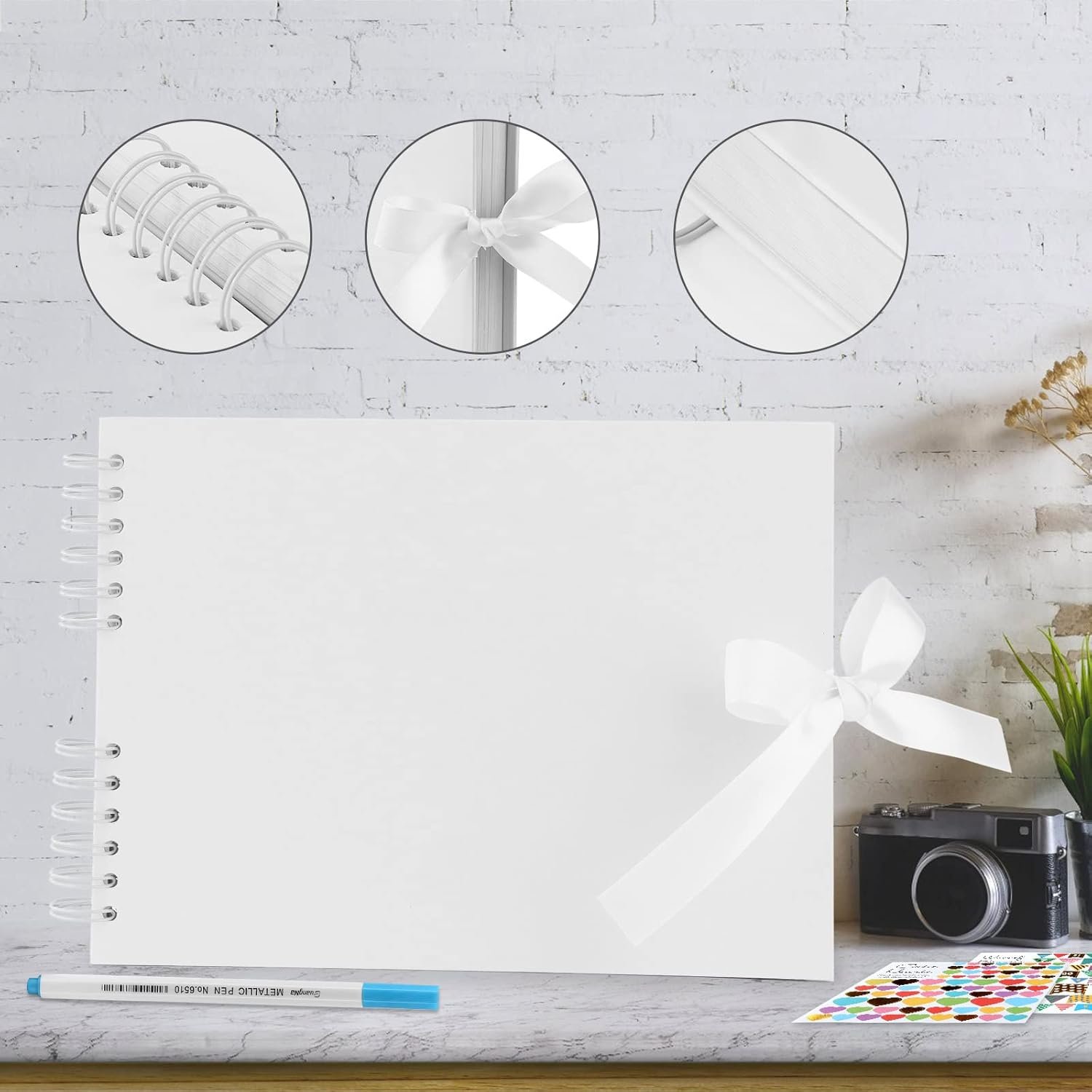 Gotideal 80 Pages Scrapbook Album with 10 Metallic Markers, Craft Paper Photo Album for Wedding and Anniversary, Family DIY Scrapbook Accessories with Scrapbooking Stickers Corners(White)… - Image 4