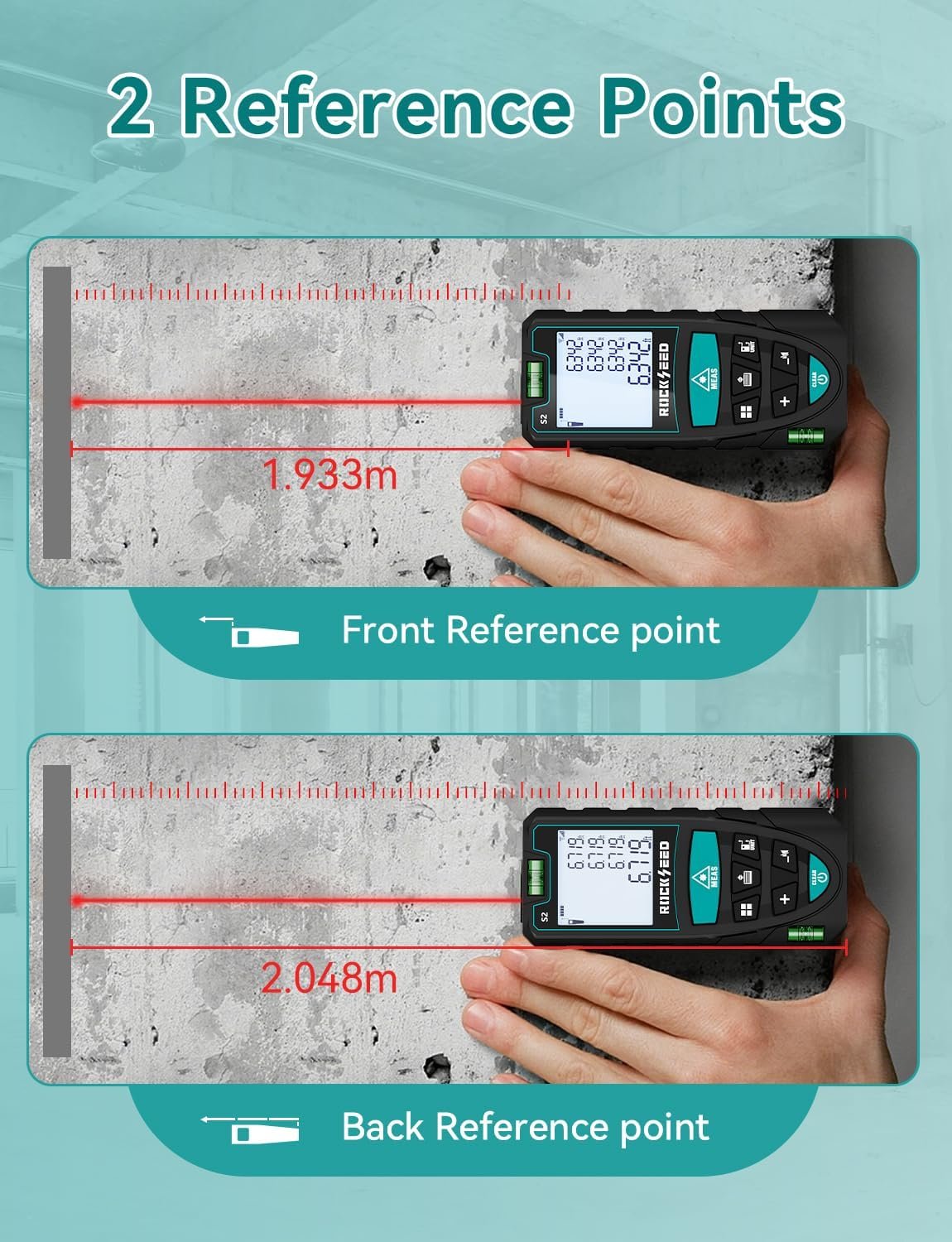 Laser Measure 50M/165ft,RockSeed Digital Laser Distance Meter with 2 Bubble Levels,Portable M/in/Ft Unit Switching Backlit LCD and Measuring Distance/Area/Volume/Pythagorean - Image 3