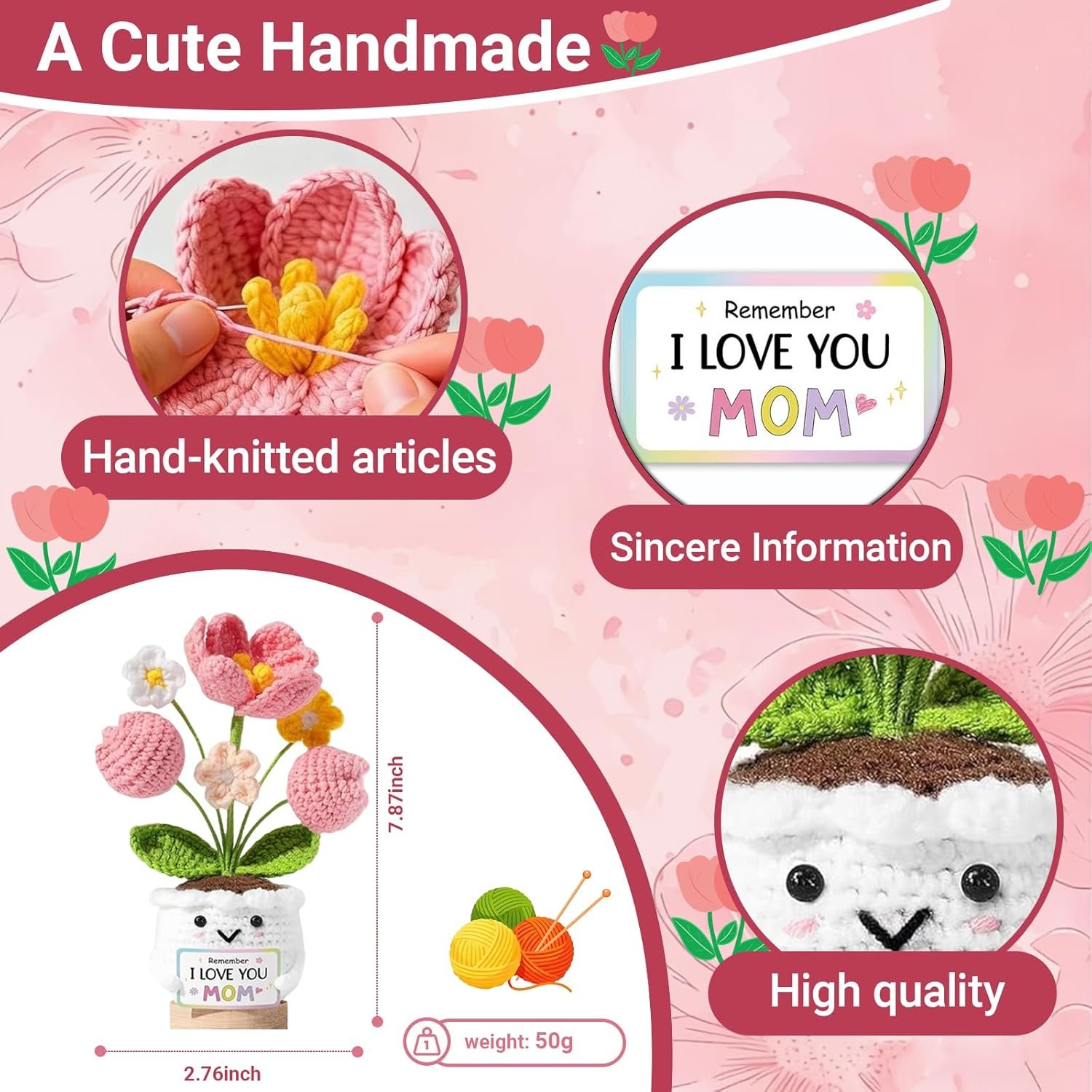 Gifts for Mom - Mothers Day & Birthday Gifts from Daughter Son - Unique Handmade Crochet Tulip Flower with Emotional Support Message Card - Image 2