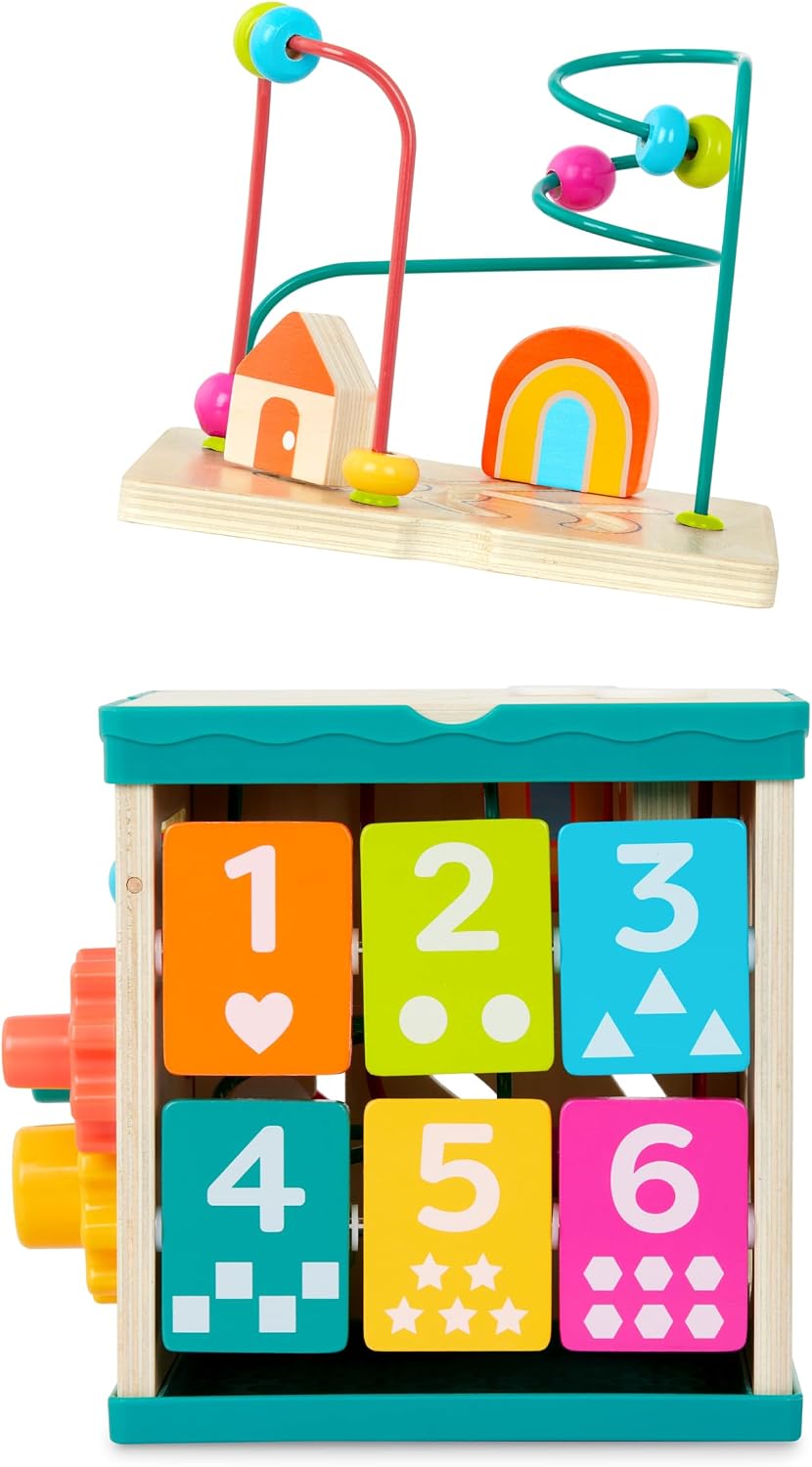 B. toys – Tabletop Activity Cube – Educational Storybook Included – Wooden Shape Sorter, Bead Maze, Animal Tiles – Top Flips for Compact Storage – 12+ Months – Lil' Learning Cube - Image 11