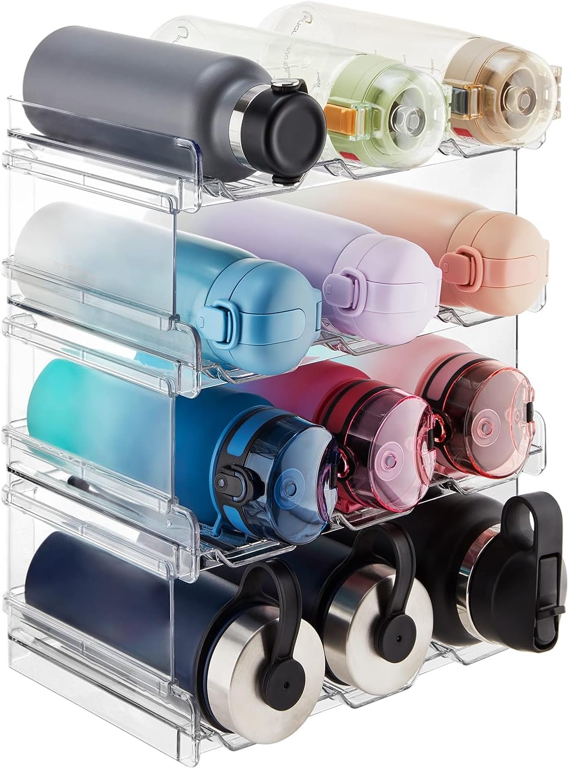 Lifewit Stackable Water Bottle Organizer for Cabinet, Freezer, Pantry - Plastic Cup Holder, Wine Racks for Kitchen Tabletop Storage, Cupboard, Office - Pack of 4, Each Rack Holds 3 Containers