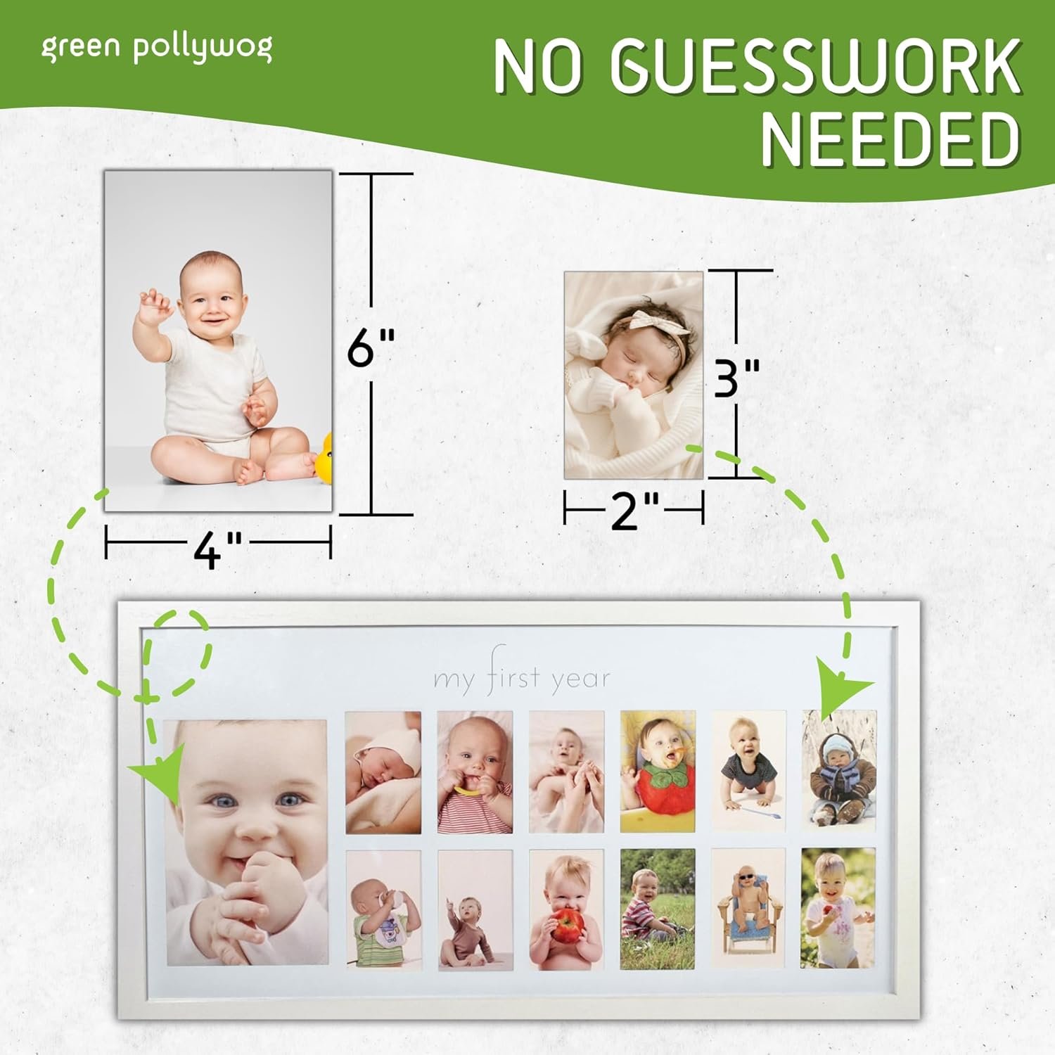 Green Pollywog | Baby's First Year Frame | Collage Frame For Baby In White | 12 Month Picture Frame | Milestone Photos | First Year Picture Mat | My First Year Photographs - Image 3