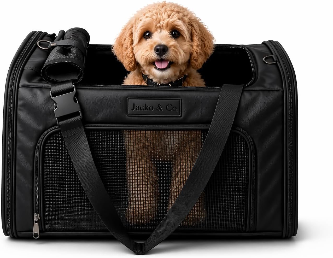 JACKO & CO - Premium Dog & Cat Carrier up to 10lbs, TSA Airline Approved with Luggage Loop, Soft-Sided Travel Carrier Bag for Pets, Small Dogs, Puppies, Kittens, Ventilated Windows & Fully Collapsible