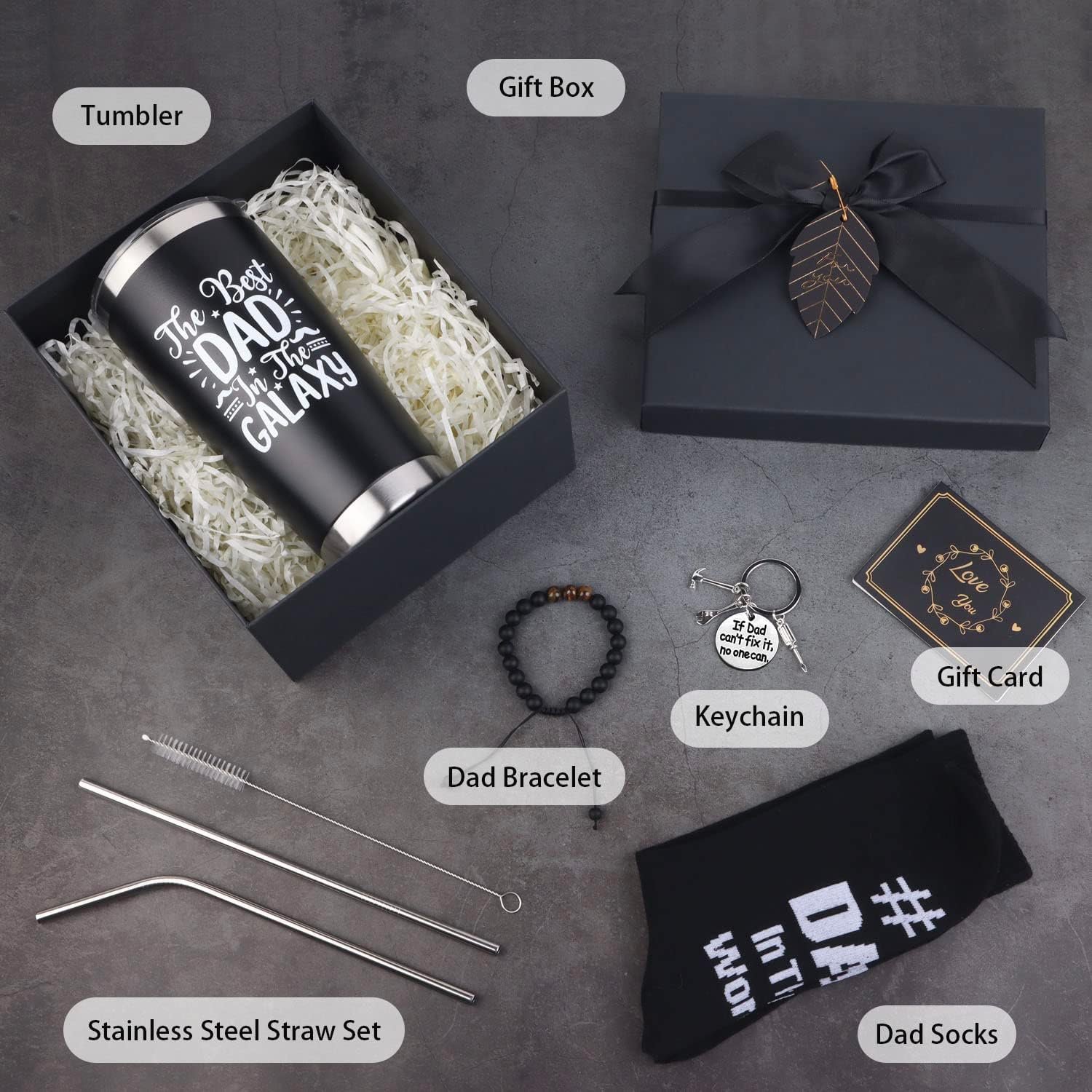 Dad Gifts, 8PCS Fathers Day Gift Includes 20oz Tumbler with Lid Straw Brush Socks Bracelet Key Chain Thanks Card Gift Box, Best Dad Ever Gifts from Daughter Son Kids for Christmas Birthday - Image 2