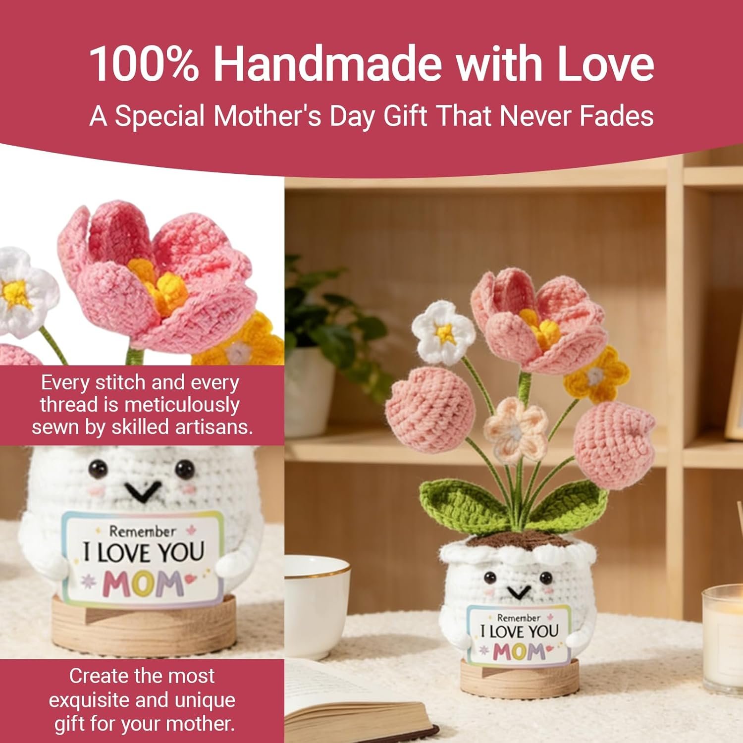 Gifts for Mom - Mothers Day & Birthday Gifts from Daughter Son - Unique Handmade Crochet Tulip Flower with Emotional Support Message Card - Image 7