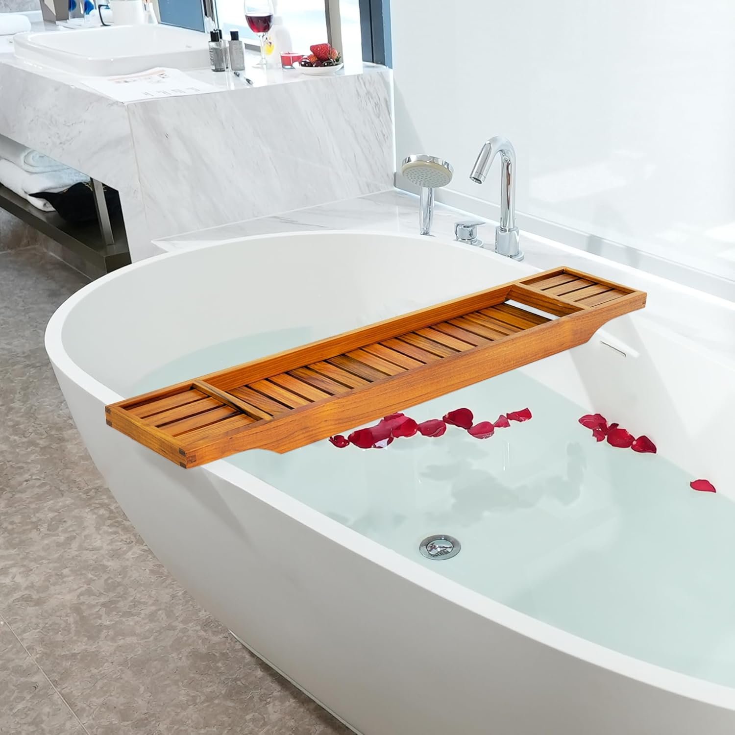 VaeFae Teak Bathtub Tray, Wooden Bath Caddy for Bathtub, Bath Tub Wood Table for Tub - Image 5