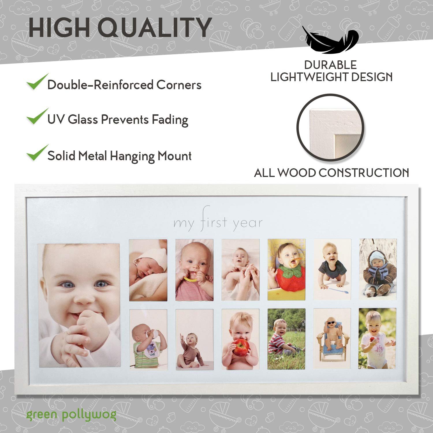 Green Pollywog | Baby's First Year Frame | Collage Frame For Baby In White | 12 Month Picture Frame | Milestone Photos | First Year Picture Mat | My First Year Photographs - Image 8
