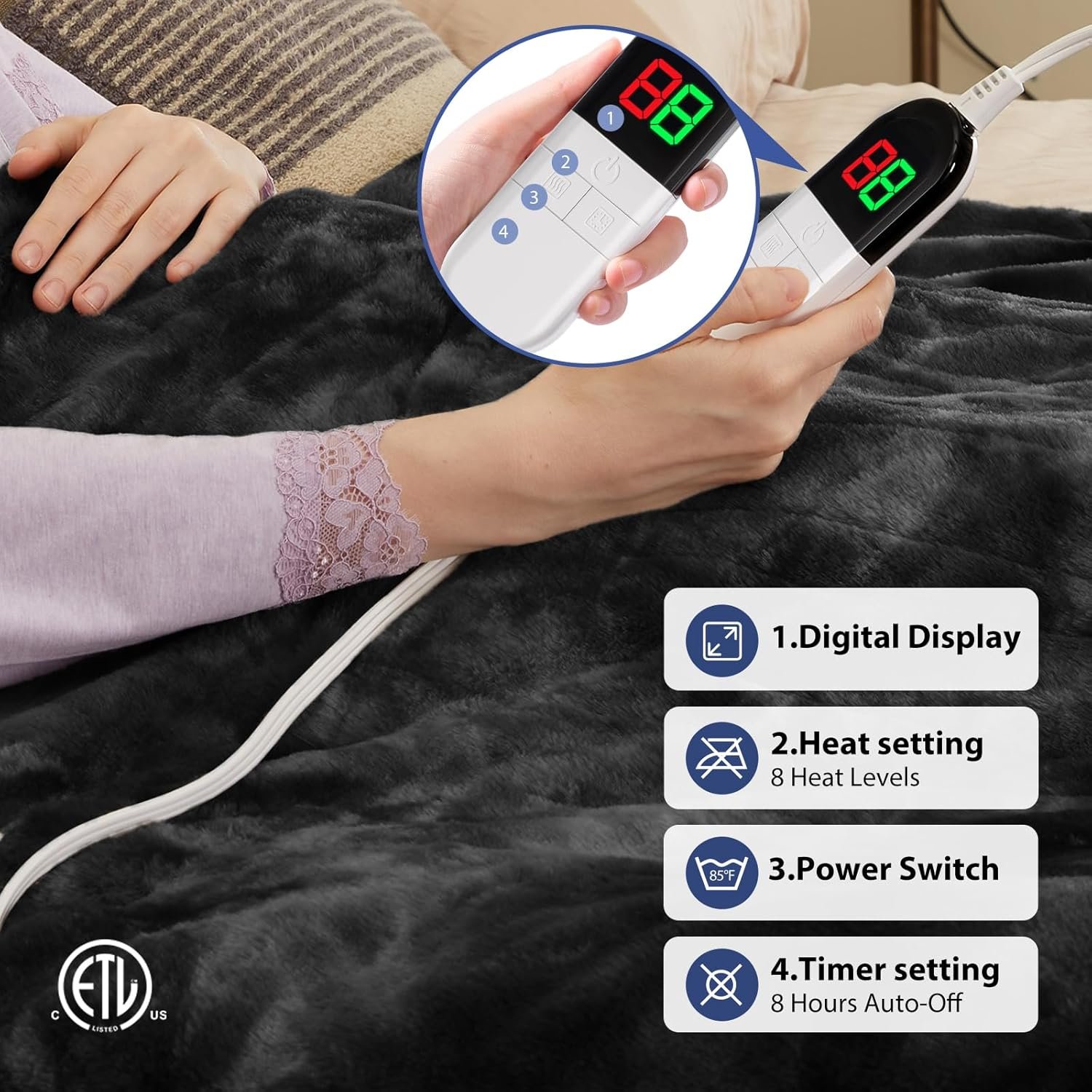 MAXEVE Electric Heated Throw Faux Rabbit Fur Blanket with 8 Heating Levels & 8 Hours Auto Off, Fast Heating Warm Cozy Sherpa Washable Blanket with Over-Heat Protection, ETL Certification, Grey - Image 3