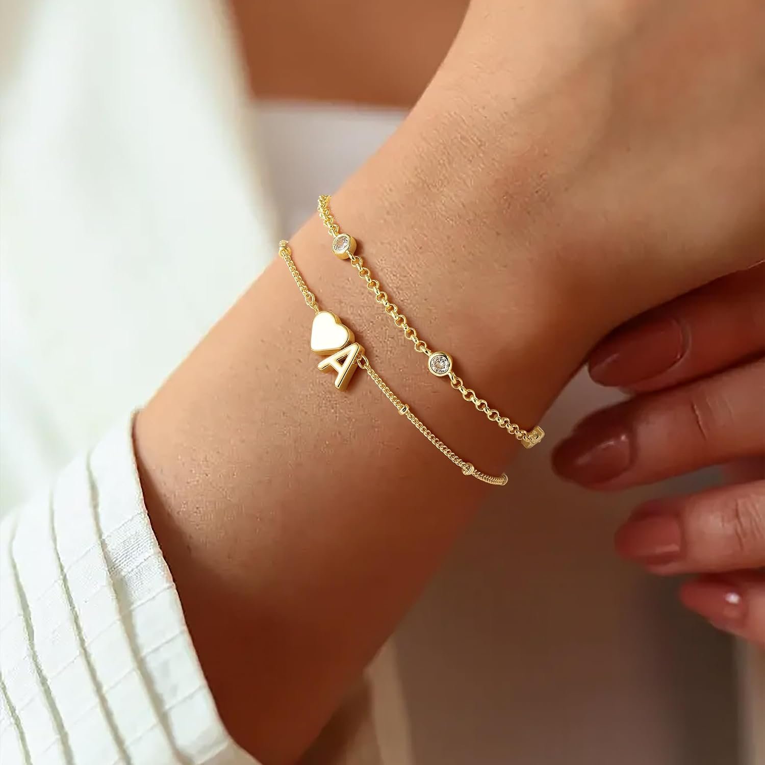 Turandoss Heart Initial Bracelets for Teen Girls - 14K Gold Plated Layered Initial Bracelets Heart Letter A-Z Charm Bracelet Stack Mom Daughter Jewelry Birthday Gifts for Women Teen Girls - Image 2