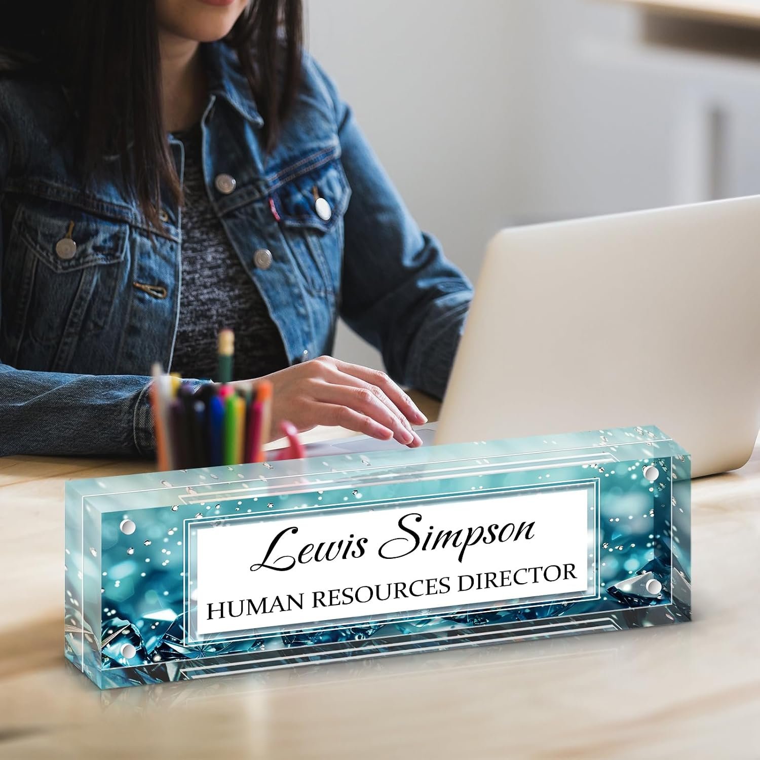 Custom Name Plate for Desk, Office Desk Double sided pattern Name Plate Personalized Office Desk Decor for Women and Men, Teacher Nurse Boss Employee Appreciation Gifts (green gemstone, UV pattern) - Image 2
