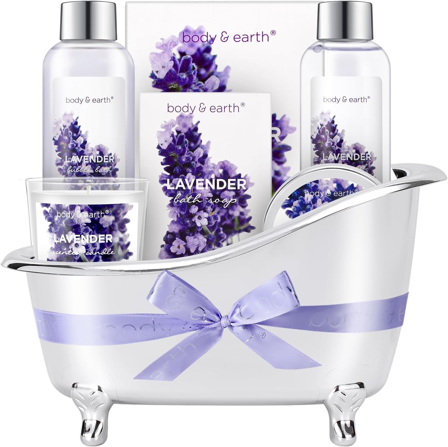 Gift Baskets for Women Body & Earth Gifts for Women, Skin Care Gifts Set 7Pcs Lavender Bath Kit, Spa Set with Shower Gel, Bubble Bath, Scented Candle, Birthday Gifts & Mothers Day Gifts for Her, Womens Home Gifts Idea, Mother's Day Gift, Gifts for Mom