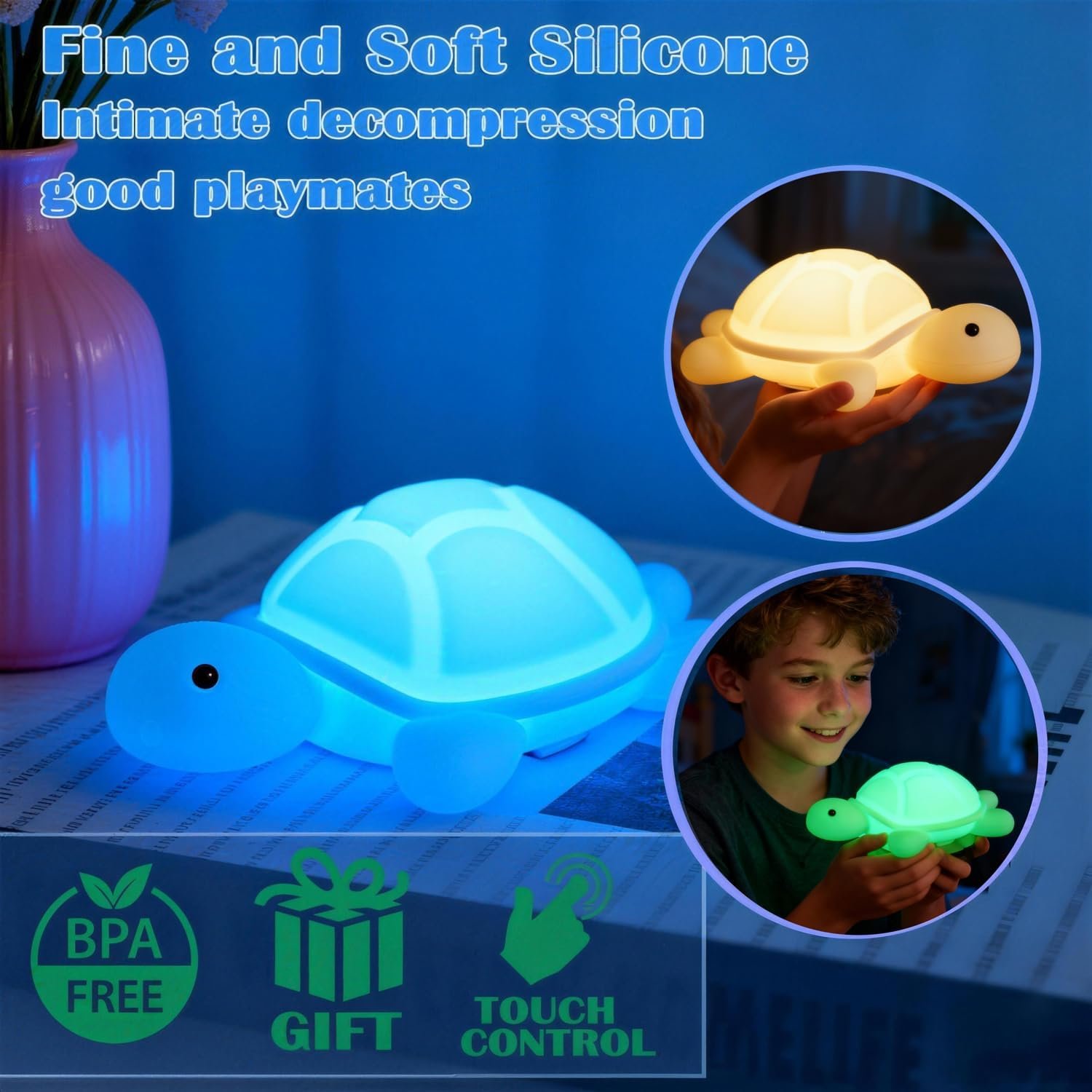 Turtle Night Light, Sea Turtle Gifts, Cute Soft Silicone Squishy LED Lamp with 7 RGB Colors , Dimmable, Timer, Touch Control, Kids' Bedroom Decor, Gift for Children, Breastfeeding Nursery Birthdays - Image 2