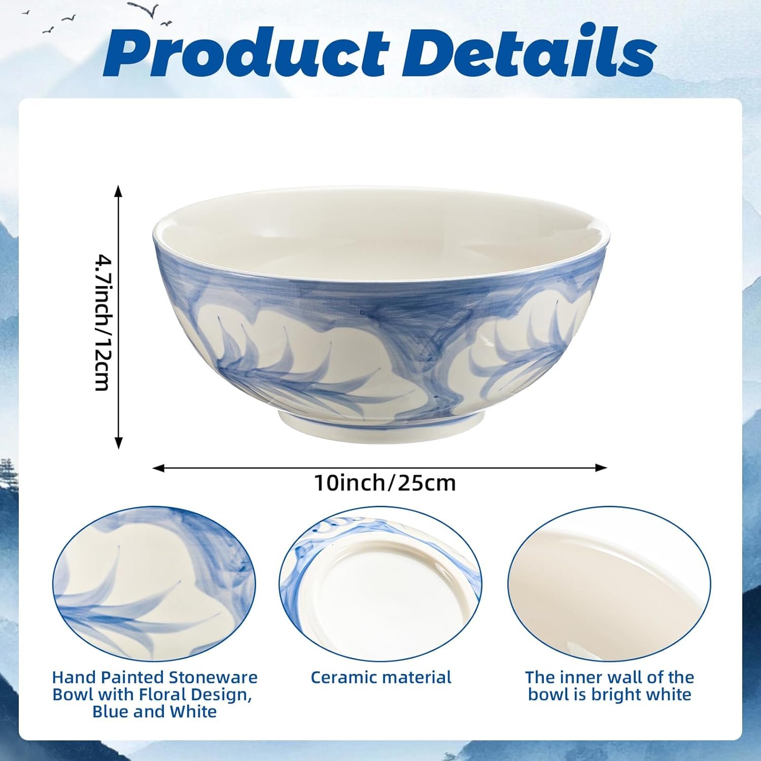 Maxdot Blue and White Bowl 10 x 5 Inch Large Hand Painted Stoneware Decorative Vase Bowl with Floral Chinoiserie Ceramic Design for Kitchen Centerpiece Creative Home Decor - Image 2