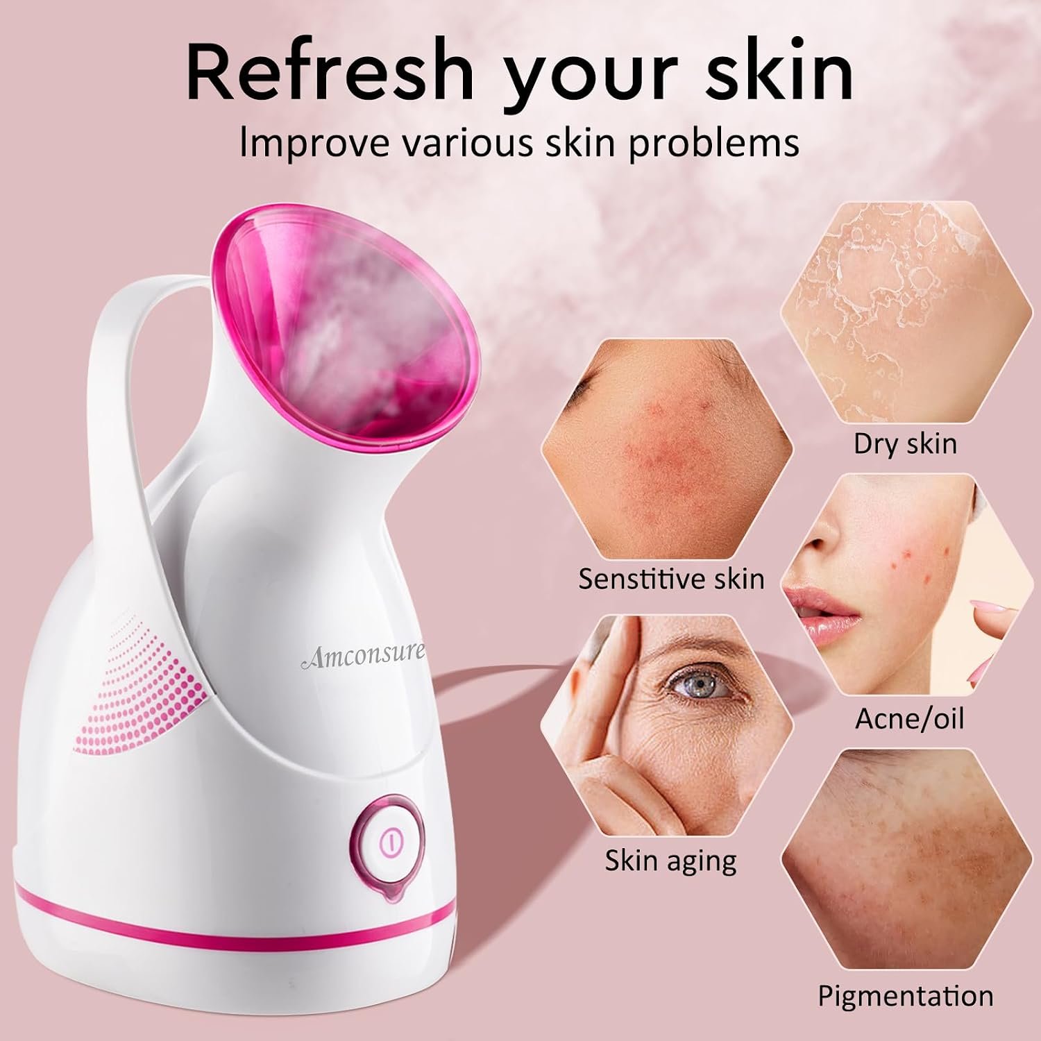 Amconsure Facial Steamer - Nano Ionic Face Steamer Warm Mist Steamer for Home Sauna SPA, Humidifier for Face Steamer for Deep Cleaning Unclogs Pores Sinuses - Bonus 5 Piece Stainless Steel Skin Kit - Image 4