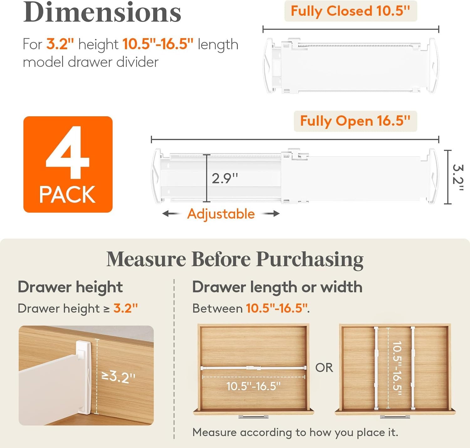 Lifewit 3.2" Tall 4 Pack Drawer Dividers, 10.5-16.5" Adjustable Drawer Organizers for Clothes, Expandable Dresser Drawer Organizers, Drawers Separators for Dresser, Bedroom, Kitchen, Vanity, White - Image 2