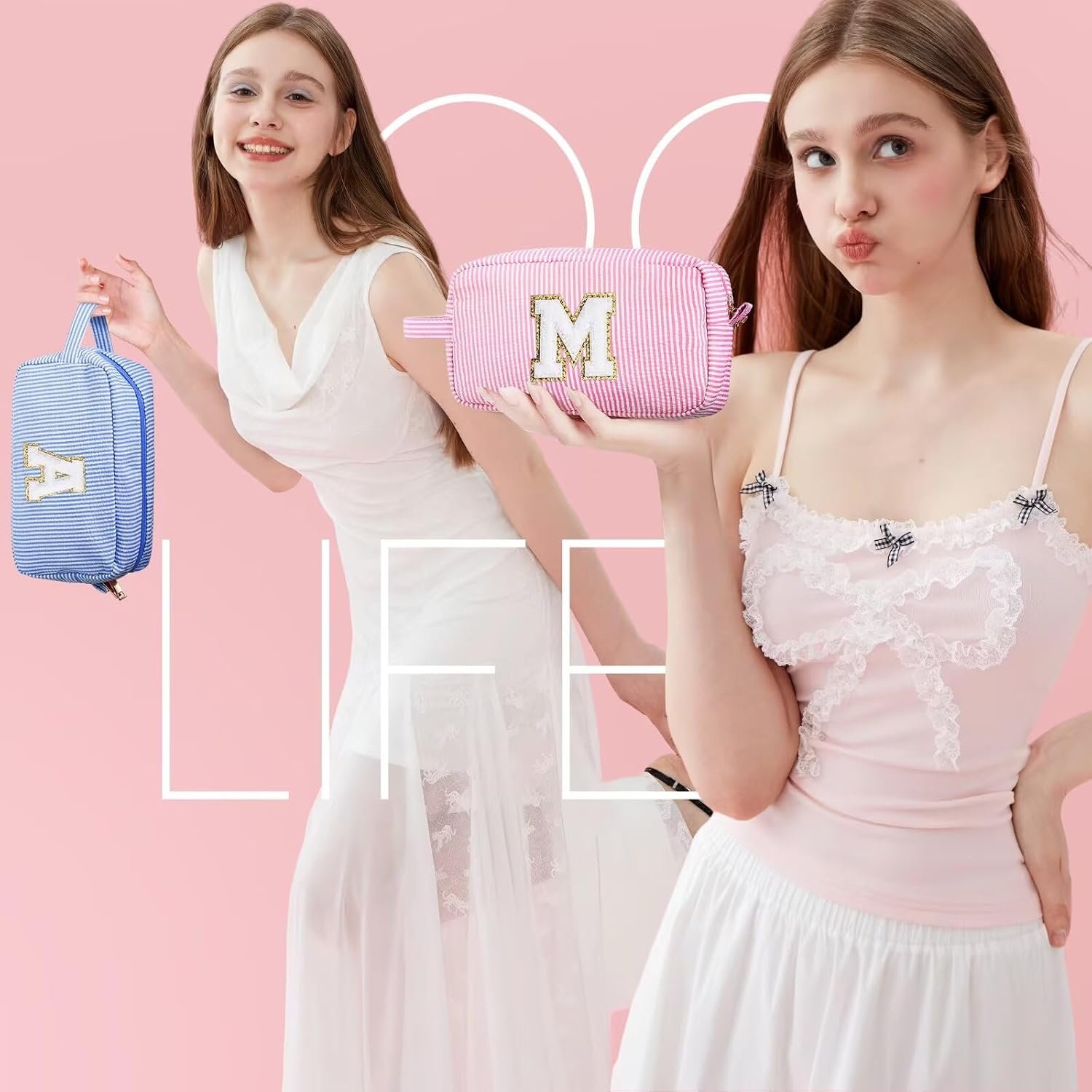 YOOLIFE Gifts for Girls Women - Initial Makeup Bag Cosmetic Bag Toiletry Pouch, Personalized Birthday Gifts for 3 4 5 6 7 8 9 10 Year Old Girl Sister Friends, Pink A - Image 2
