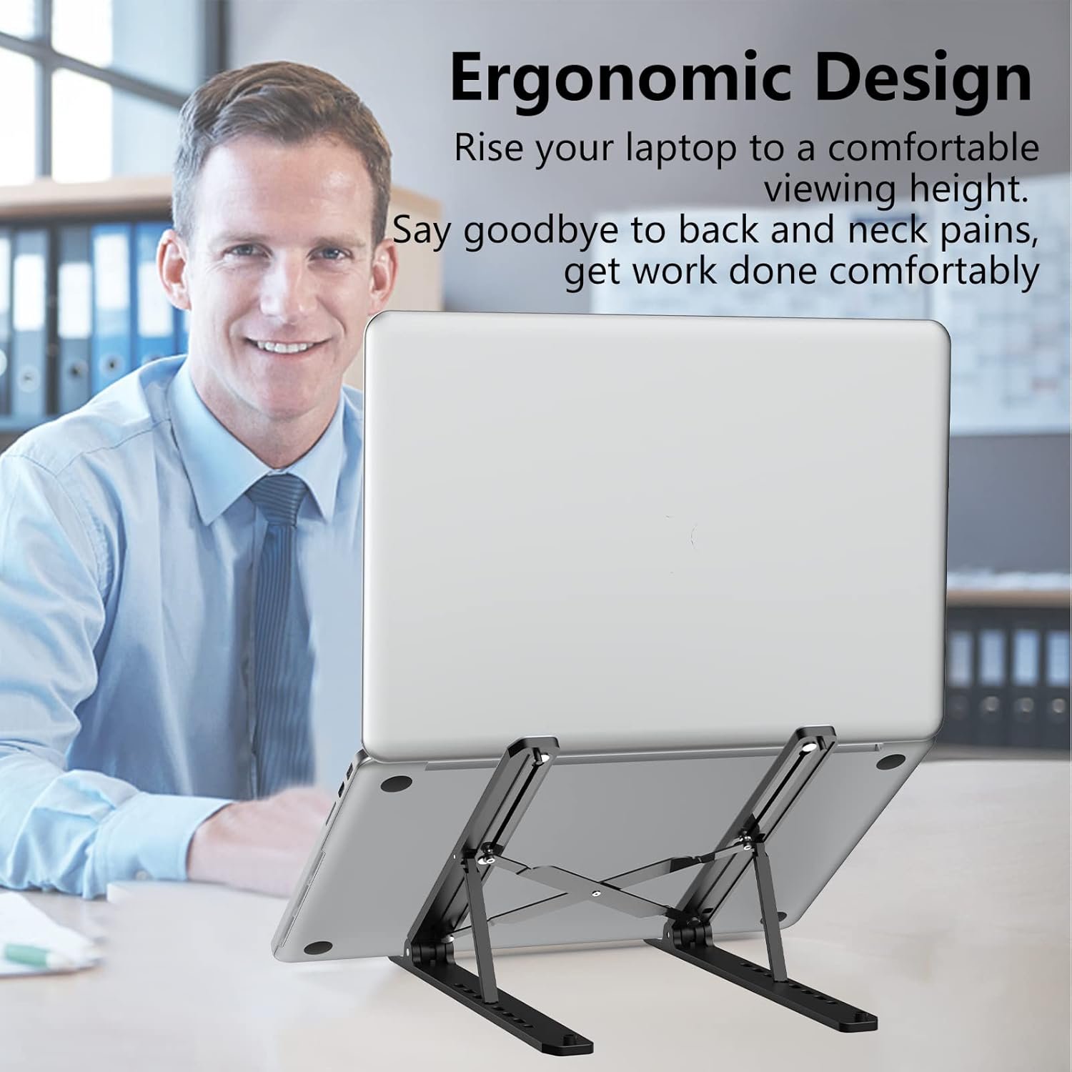 Laptop Stand for Desk, Adjustable Laptop Riser ABS+Silicone Foldable Portable Laptop Holder, Ventilated Cooling Pad Notebook Stand for 10-15.6” Laptops,Tablet-Black - Image 2