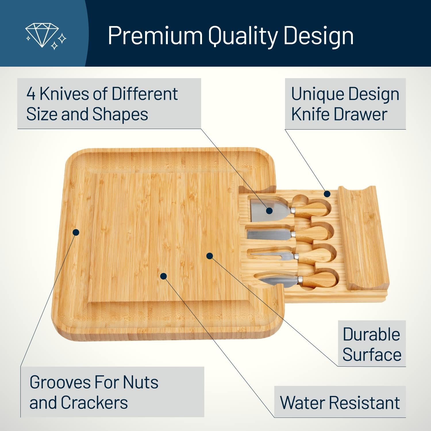 RoyalHouse Bamboo Cheese Board and Knife Set with Slide-Out Cutlery Drawer - Charcuterie Boards Set & Cheese Platter - Birthday Gifts for Women, Wedding Gifts for Couples 2025, Bridal Shower Gifts - Image 3