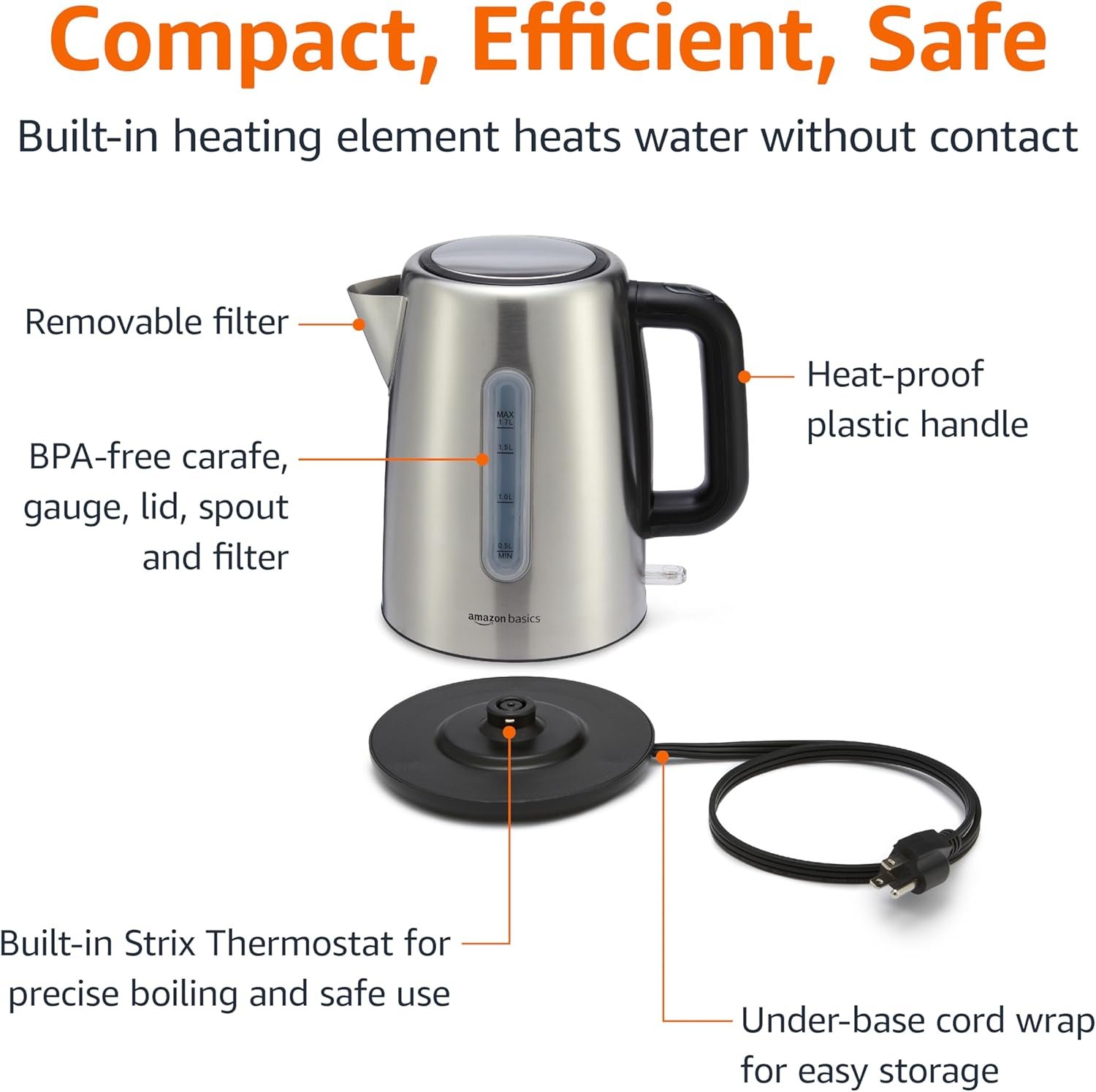 Amazon Basics Electric Stainless Steel Kettle for Tea and Coffee, BPA-Free, Fast Boiling, Auto Shut-Off, Boil-Dry Protection, 1.7 Liter, 1500W, Black and Silver - Image 3