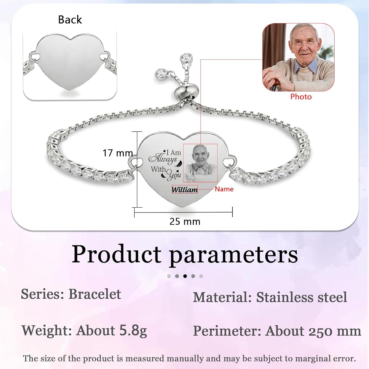 Custom Photo Memorial Bracelet – Personalized Heart Charm Keepsake Jewelry with Engraved Picture & Name, Stainless Steel “I Am Always With You” Commemorative Gift for Loved Ones - Image 2