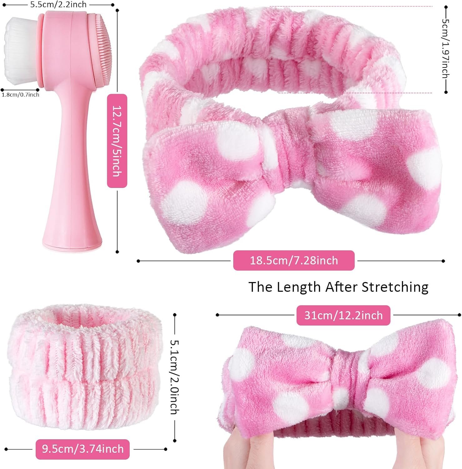 Facial Cleansing Brush 2 in 1, Silicone Face Scrubber Dual Face Brush for Deep Pore Cleansing and Exfoliating, Skincare Headband and Wristbands Set for Washing Face, Massaging Spa Makeup, Pink - Image 2
