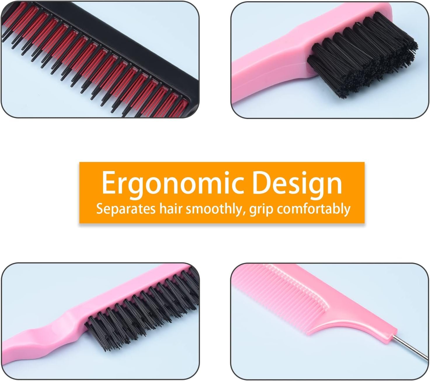 6 Pcs Hair Styling Comb Kit, Teasing Comb Brush Set Includes Fluffy Hair Brush, Double Sided Edge Control Brush, Triple Teasing Comb, Fine Metal Rat Tail Comb for Women Professional Barber (Pink) - Image 4