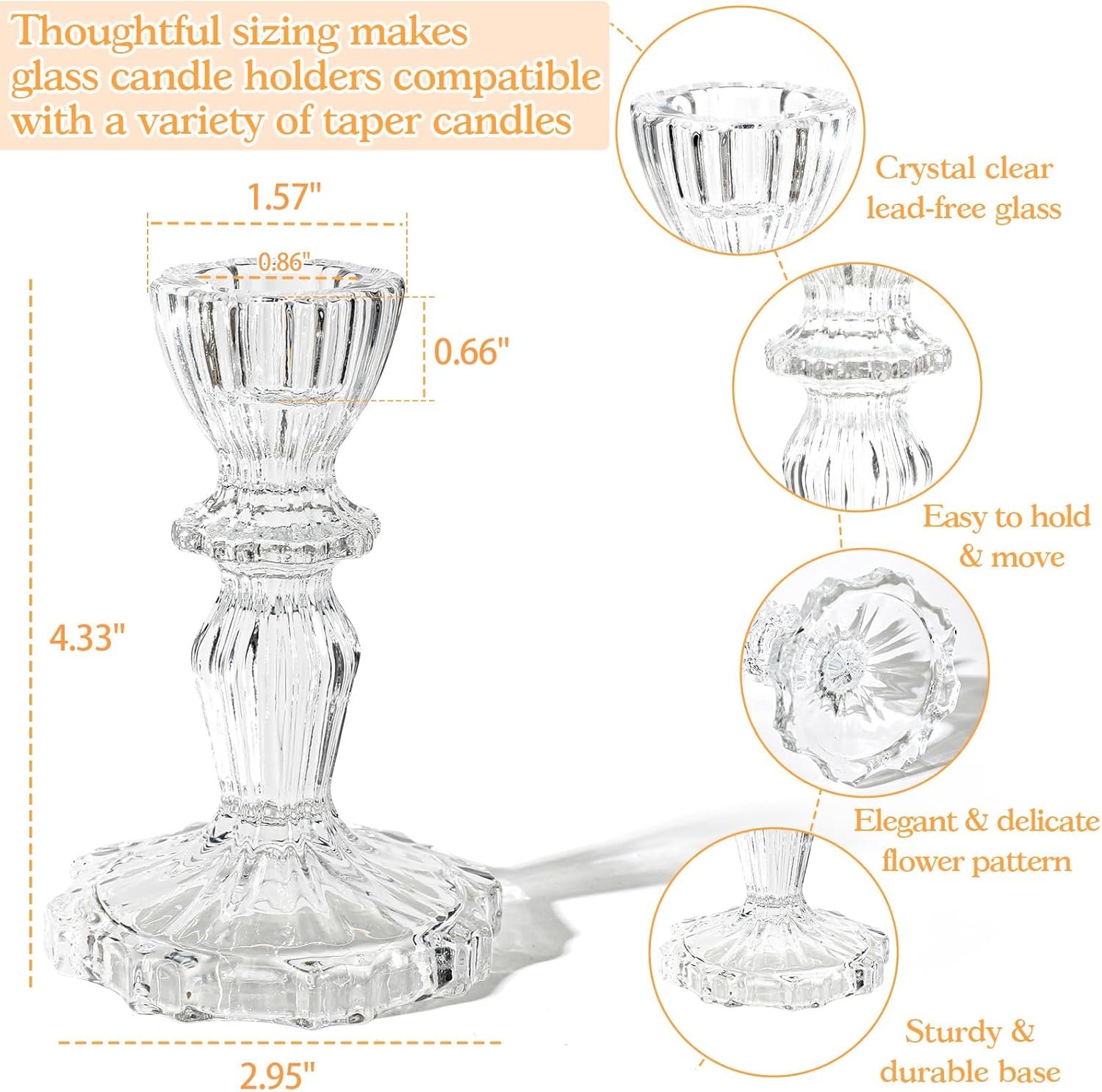 4.33" Tall Glass Candlestick Set of 6 Clear Crystal Candle Holders for Glass Taper Holder Decor for Wedding Birthday Party Christmas - Image 5