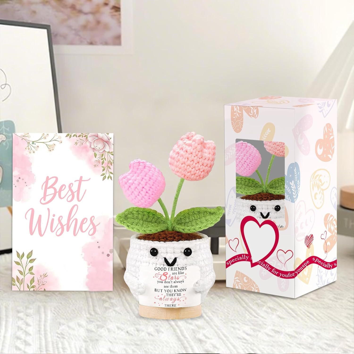 Friendship Gifts for Women Tulips Crochet Flowers Funny Small Christmas Birthday Gift for Women Personalized Friends,Colleague,Bestie Galentines Present Cute Stuff Desk Accessories - Image 9