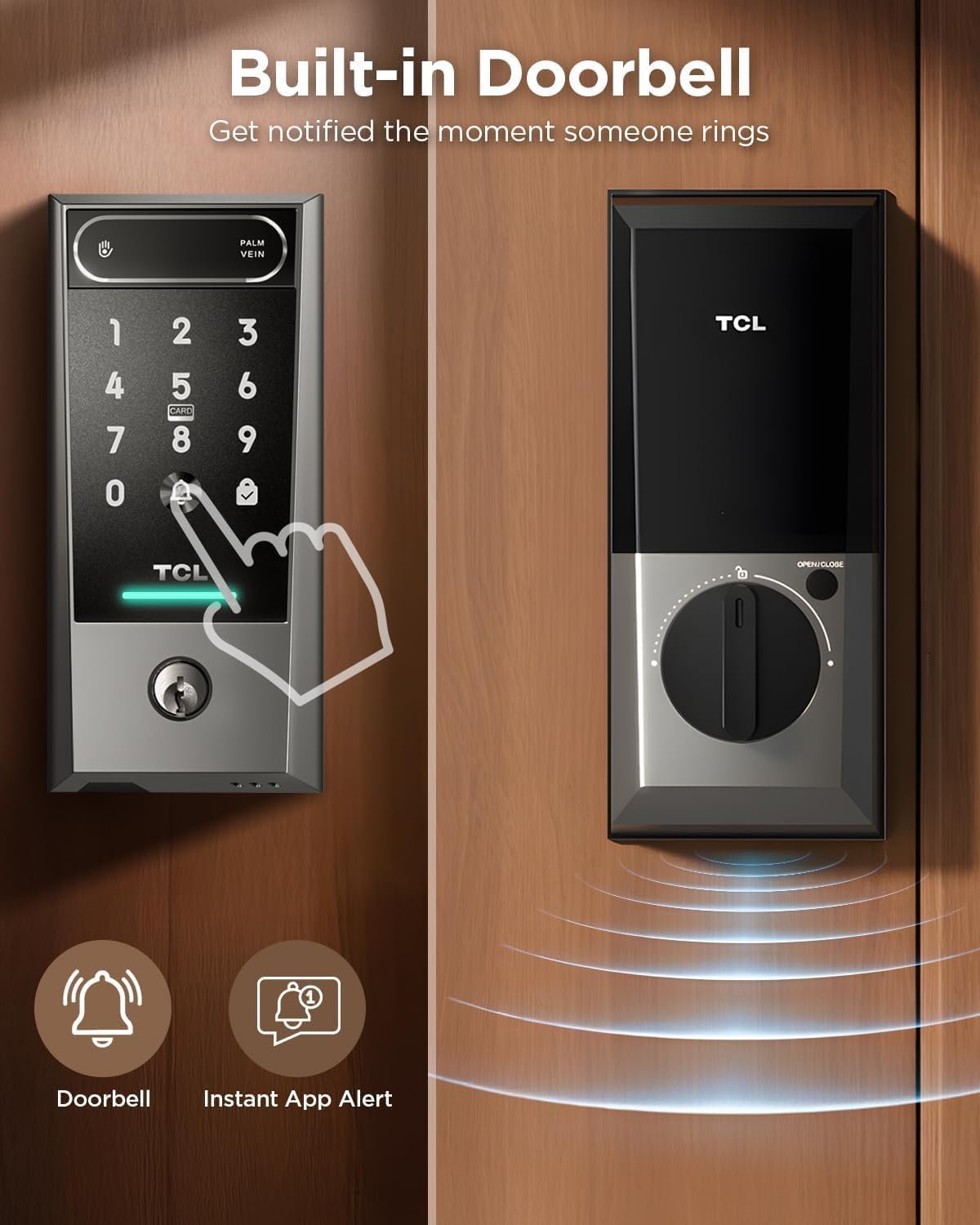 TCL D2 Pro Smart Lock, Palm Vein Recognition Keyless Entry with Built-in Doorbell, App Control, Auto Lock, Rechargeable Battery, for Home Security - Image 6