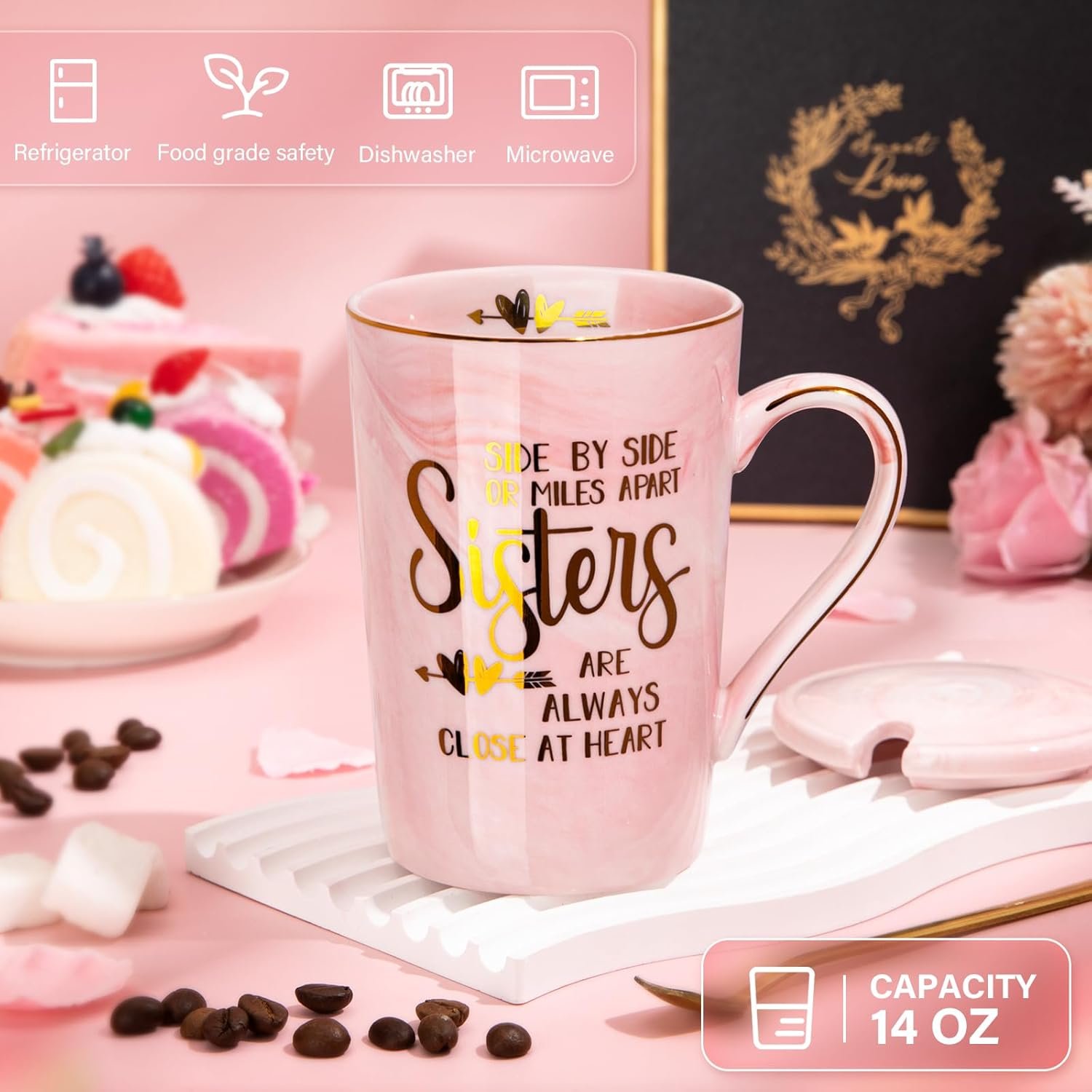 Sister Birthday Gifts - Sister Gifts for Sisters from Brother Sisters, 14Oz Pink Marble Ceramic Coffee Cup with Gold Print Coffee Mug with Spoon Lid Card Nice Box - Image 2
