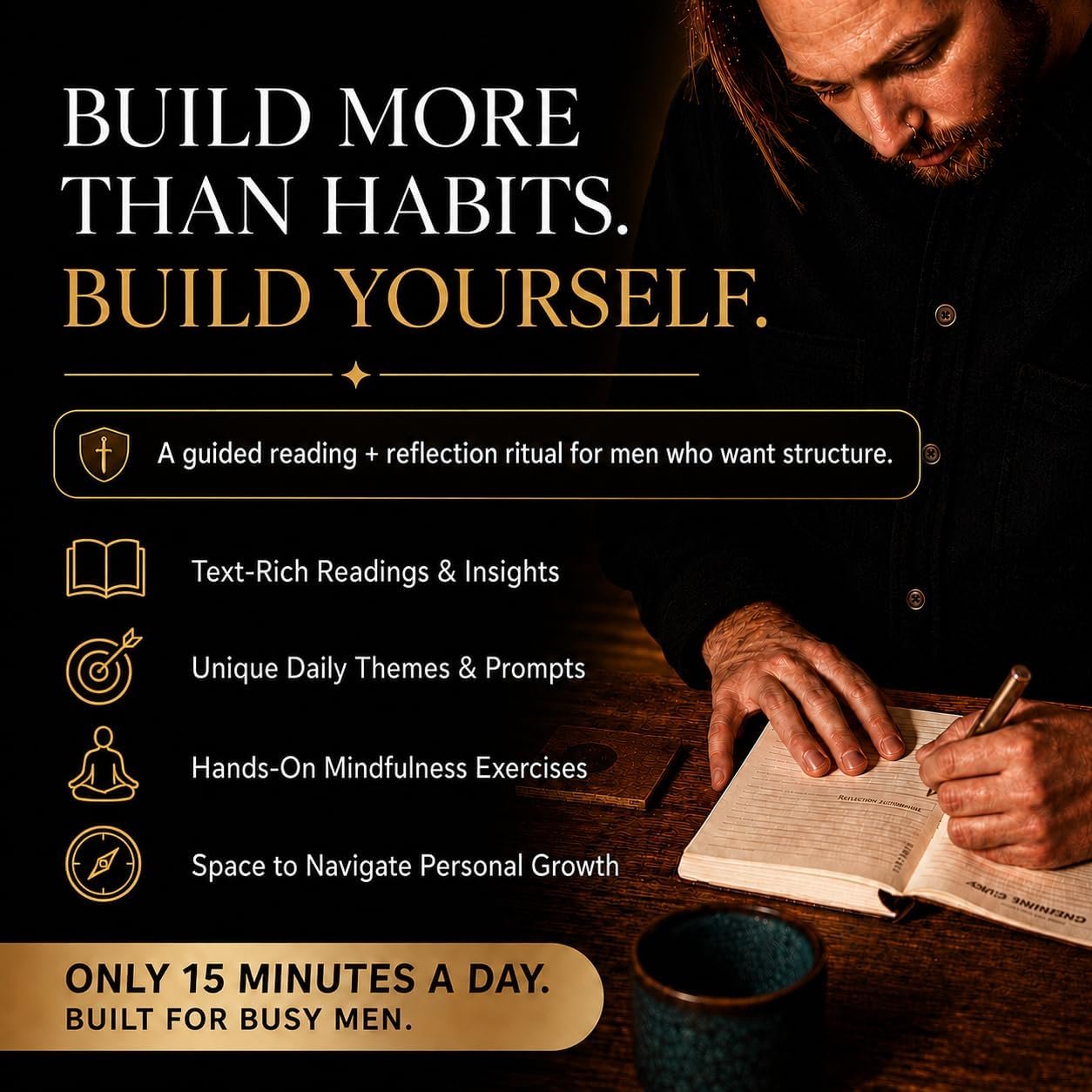 Gift Set for Men | Mindfulness & Self Care Set with Guided Journal, Brass Pen, Scented Candle & Tiger Eye Bracelet | 13-Week Self Mastery Journal with Short Readings, Daily Prompts & Exercises | Gift Box - Image 3