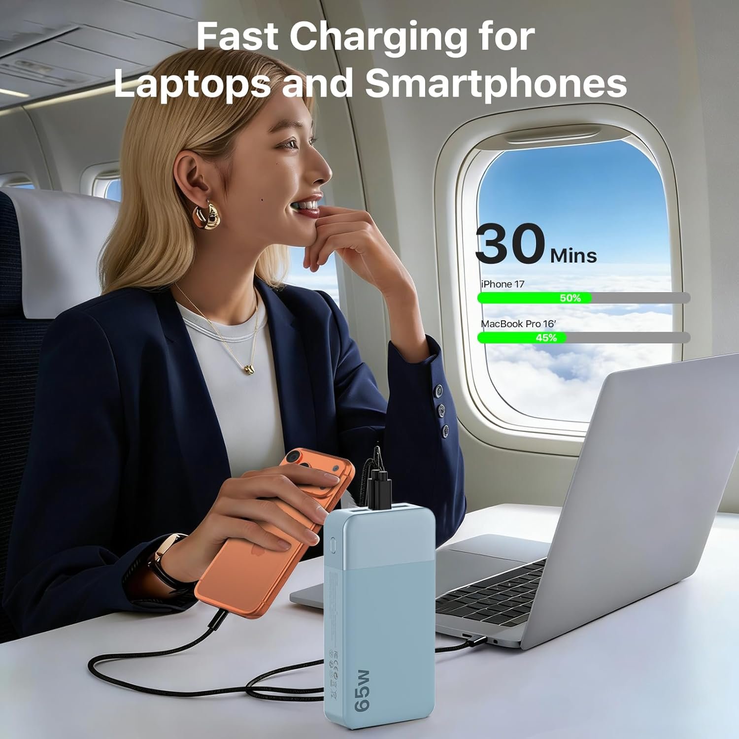 NOBIS 20000mAh Battery Pack Power Bank 65W Power Bank, Portable Charger with Digital Display, Dual USB-C/USB-A Fast Charging for Laptop, Phone, Tablet, Travel-Friendly External Battery Pack - Image 2