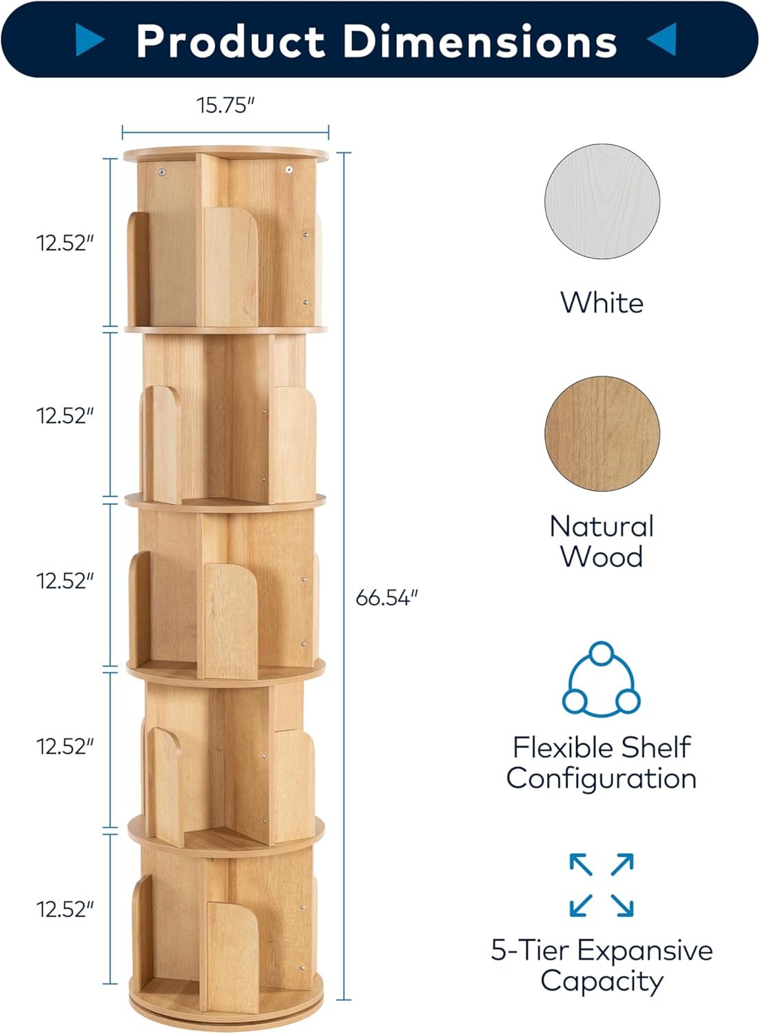 Rotating Bookshelf 5 Tier Tower, Round Spinning Bookcase 360° Revolving, MDF Kids Bookshelf with Adjustable Shelves for Small Spaces, Corner, Office, Easy Assembly Sturdy Organizer - Image 2