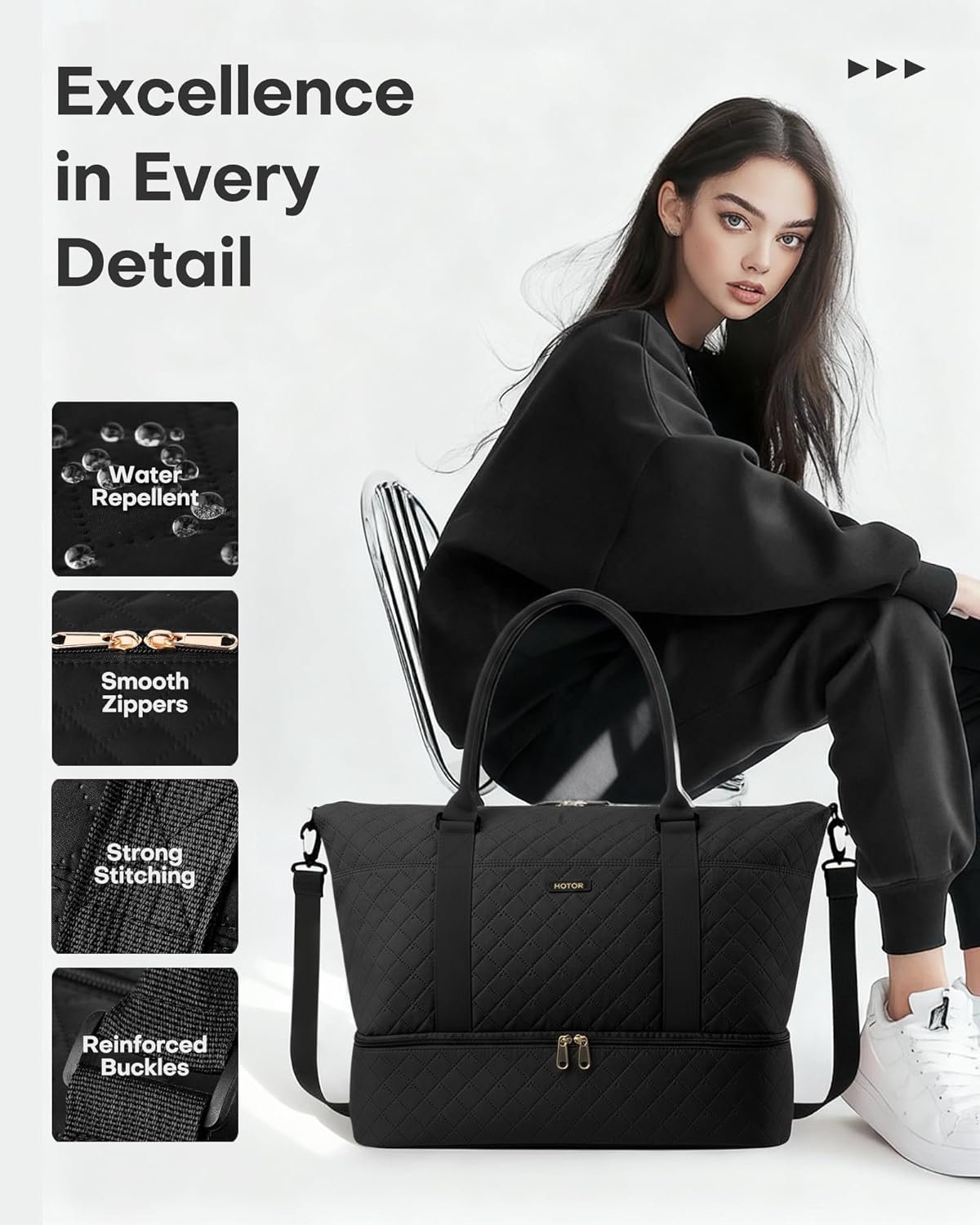 HOTOR Travel Duffel Bag - Large Weekender Bags for Women, Carry On Bag with Shoe Compartment, Overnight Bag with Toiletry Bag for Travel Essentials and Travel Accessories, Black, 34.0 x 45.0 x 20.0 cm - Image 6