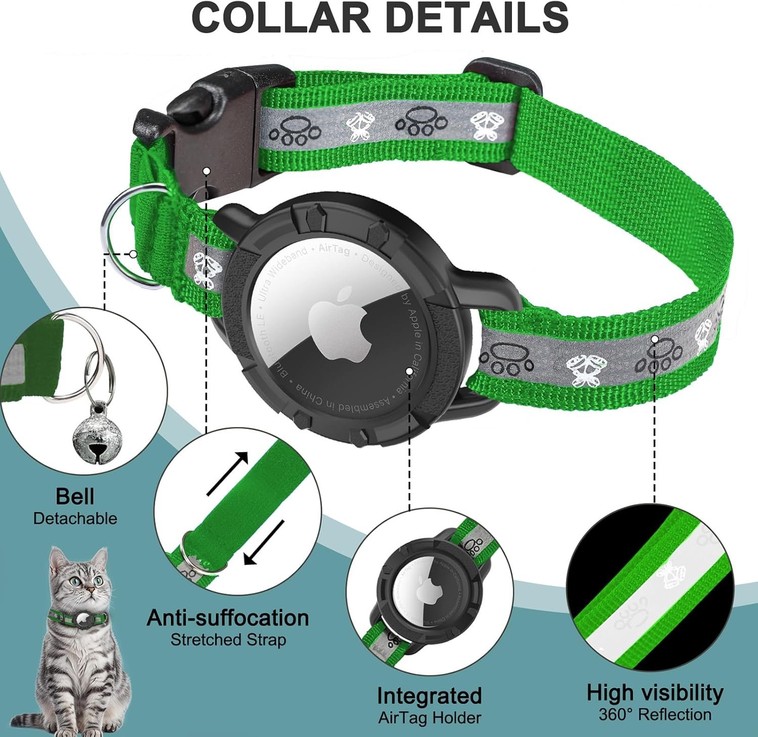 Reflective AirTag Cat Collar, Integrated Cat Tracker Collar with Air Tag Holder and Bell, Safety Elastic Band Cat GPS Collars for Girl Boy Cats, Kittens and Puppies (Emerald,XS) - Image 5