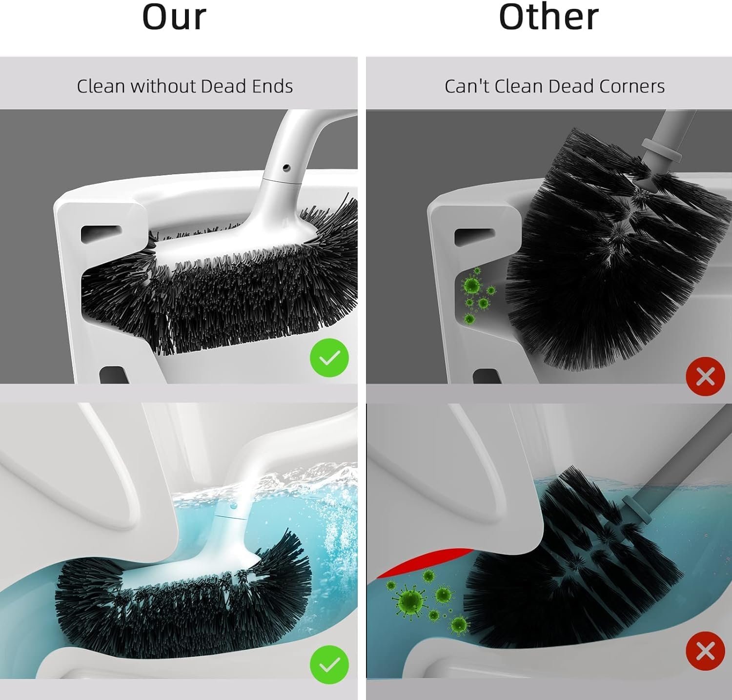 HAMITOR Toilet Brush and Holder Set: Curved Design Bathroom Toilet Bowl Cleaner Brush for Deep Cleaning Under Rim- Flexible Bristles Toilet Scrubber with Long Handle- Modern Travel RV Tools- White - Image 3